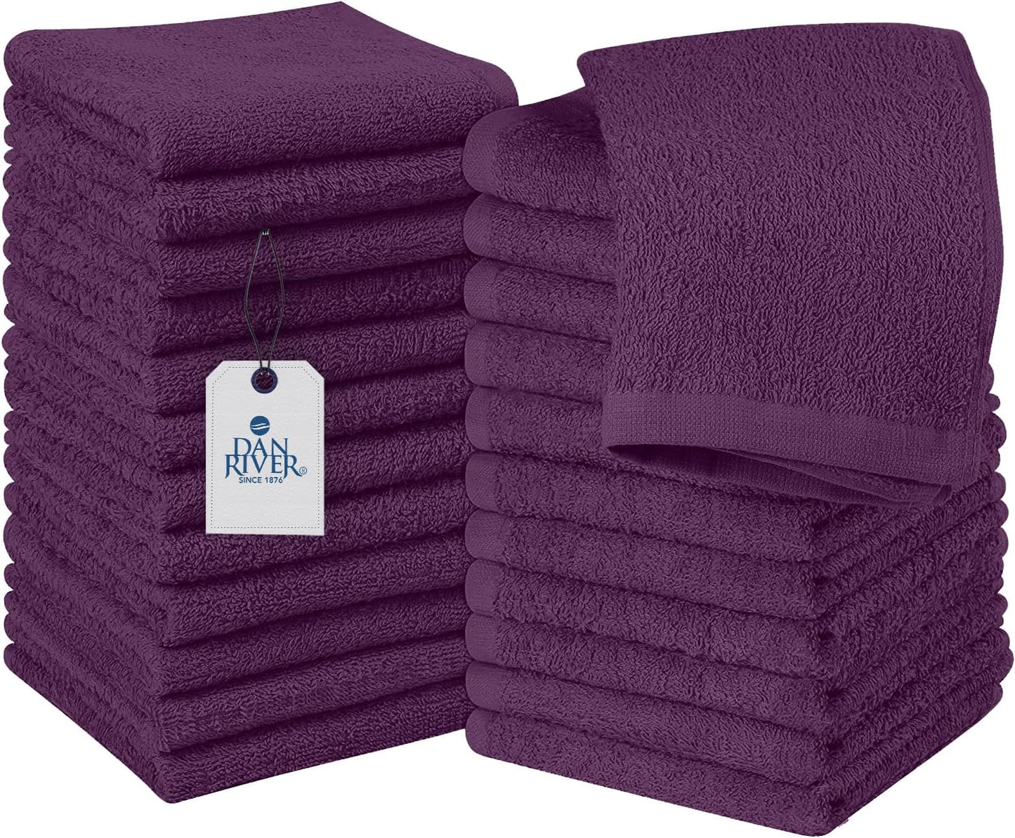 DAN RIVER 100% Cotton Wash Cloths 24 Pack [12x12] Soft & Absorbent Body wash Cloths, Gym, Hotels & Spa Perfect for Everyday Use Fingertip Towels, Purple Passion