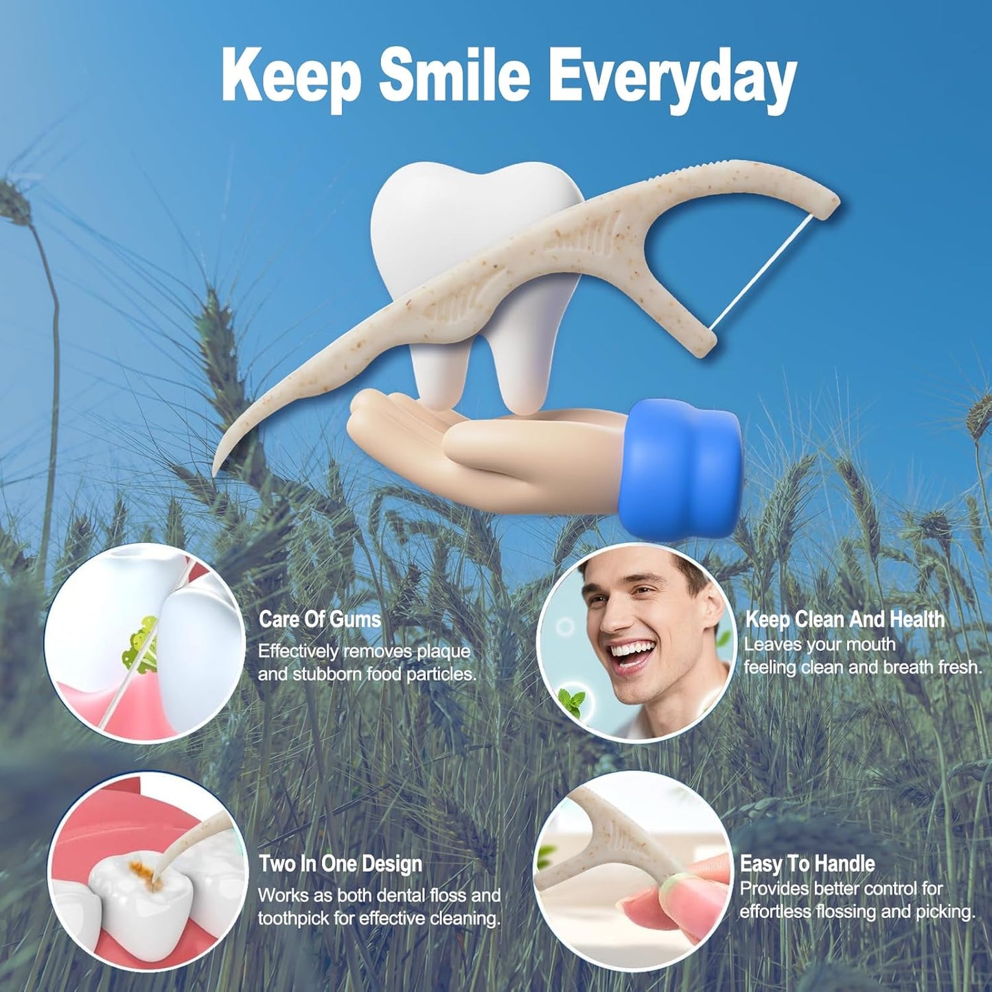 Wheat Straw Biodegradable Dental Floss Picks,200 Counts Natural Handle Tooth Flossers Sticks Oral Care,Keep Clean with 4 Travel Handy Cases