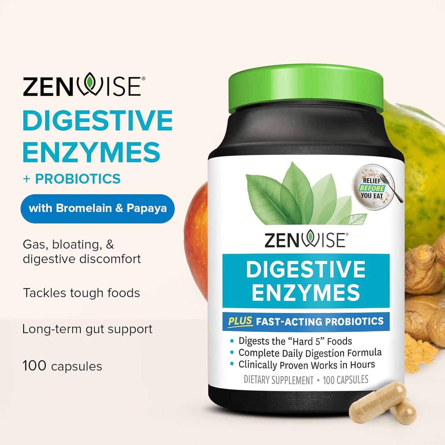 Zenwise Health Digestive Enzymes for Gut Health & Bloating Relief - Multi Enzymes Digestion Supplement with Probiotics, Bromelain & Papaya for Digestive Health Support - Men & Women - 100 Count