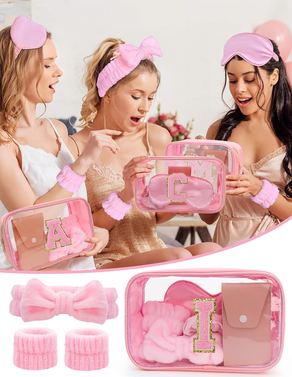 Gift Sets for Women, Initial Makeup Bag with Makeup Brush Set Bachelorette Party Favors, Pink Spa Kit with Skincare Headbands Wrist Bands Sleepover Party Supplies Gifts for Teen Girls Bridesmaid I