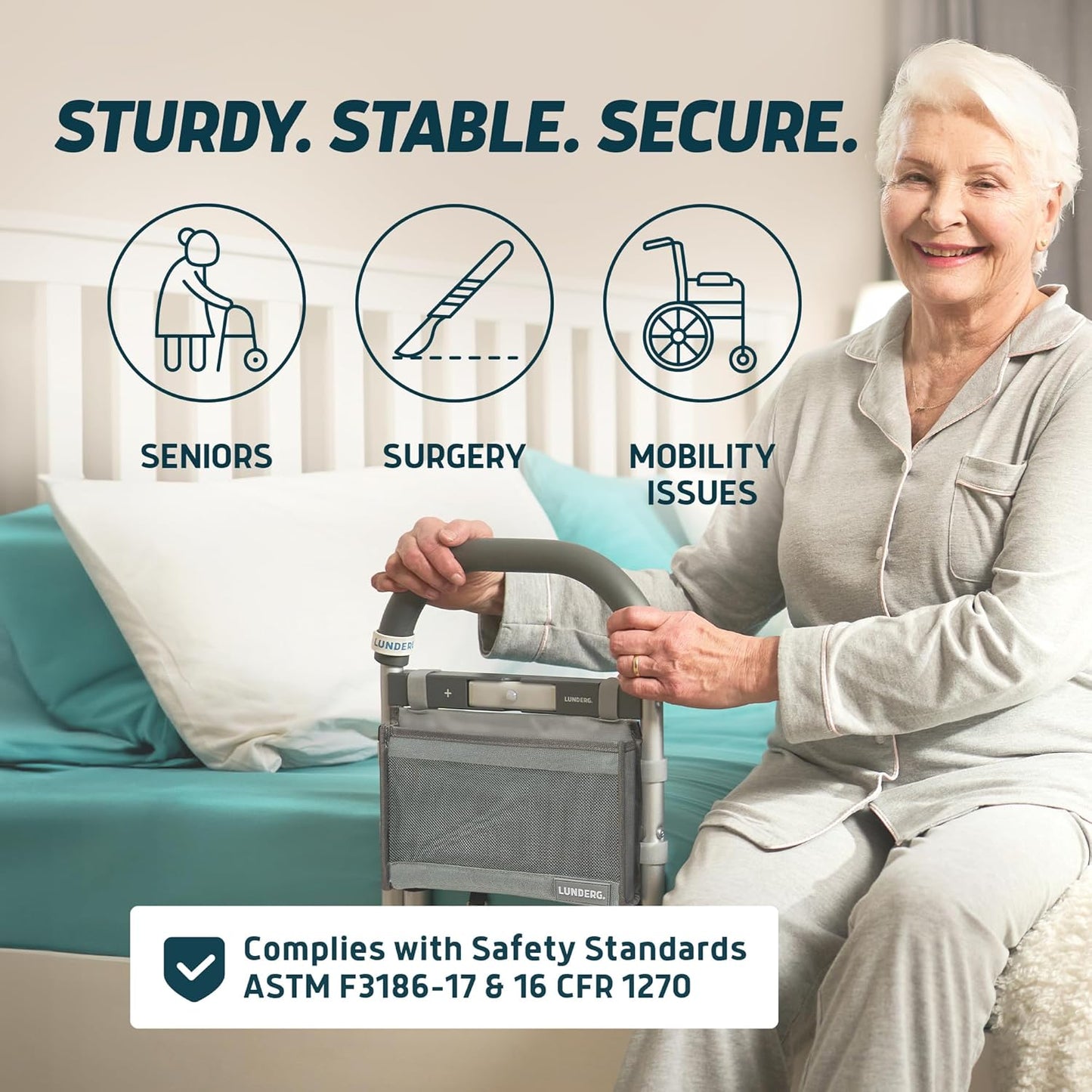 Lunderg Bed Assist Rail for Seniors with Motion-Activated Light & Storage Pocket - Easy to Install Bed Rails for Elderly Adults Safety & Post-Surgery - Helps Reduce Falls & Support Independence