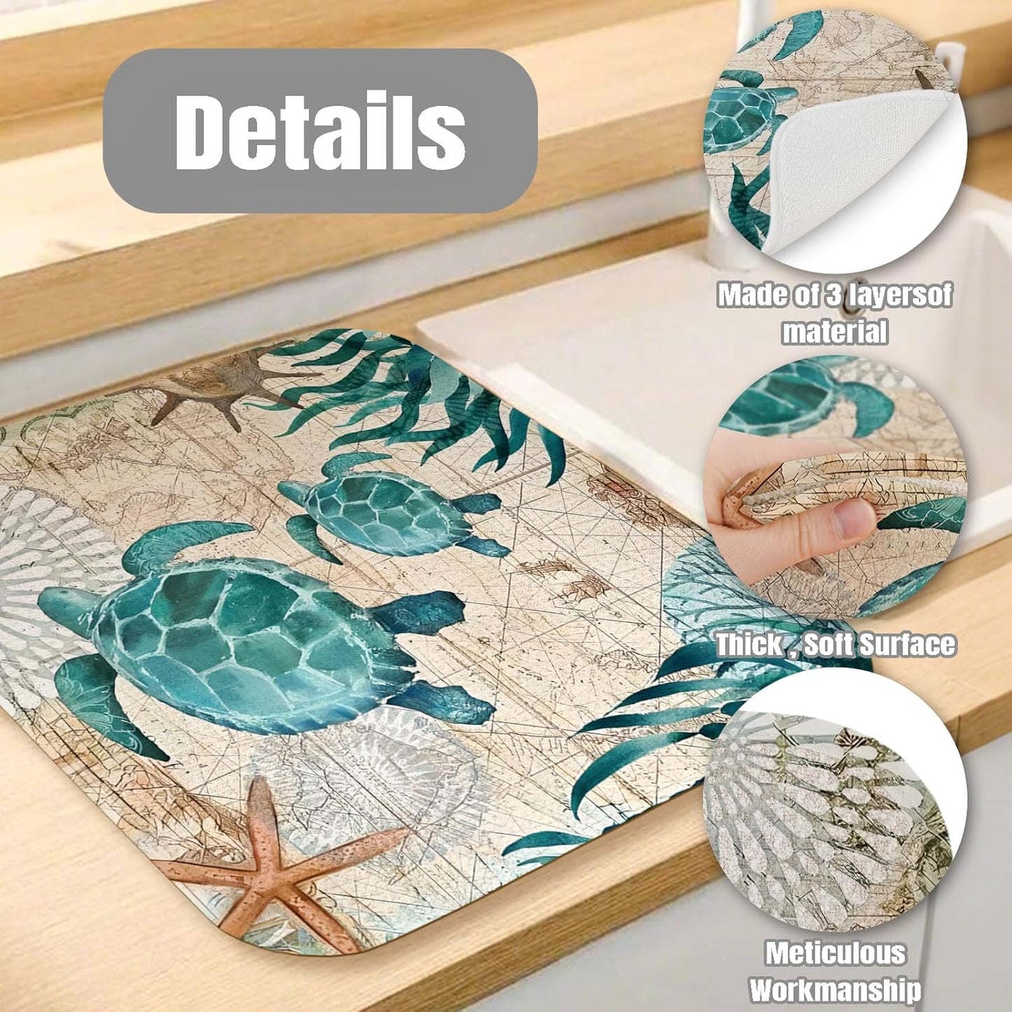 Dish Drying Mat for Kitchen Counter Large 18" x 24" Seaturtle Absorbent Microfiber Dishes Drainer Rack Mats Pad Reusable Washable