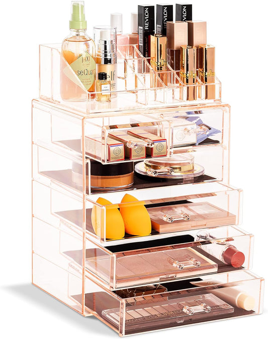 Sorbus Clear Cosmetic Makeup Organizer - Make Up & Jewelry Storage, Case & Display - Spacious Design - Great Holder for Dresser, Bathroom, Vanity & Countertop (4 Large, 2 Small Drawers) [Pink]
