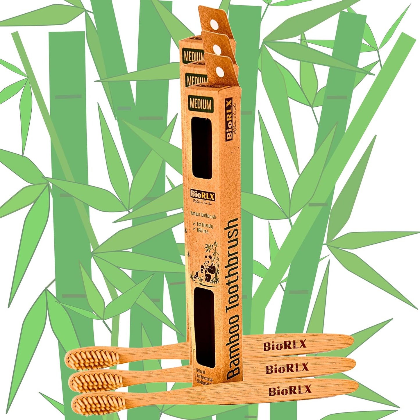 BioRLX Bamboo Toothbrush - Biodegradable Wooden Toothbrushes, Natural BPA Free - Wooden Toothbrush, Eco-Friendly - Compostable and Durable (One Piece, Medium)