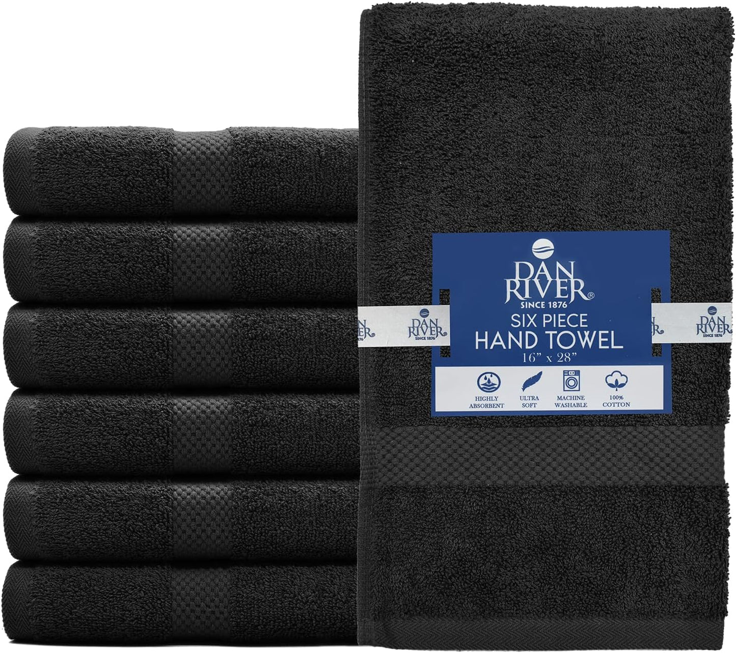DAN RIVER 6-Pack Premium Hand Towels (16x28 Inches) - 100% Cotton, Ultra Soft, Lightweight, Highly Absorbent Towels for Bathroom, Spa, Gym, Salon, Hotel, and Travel - 550 GSM – Black