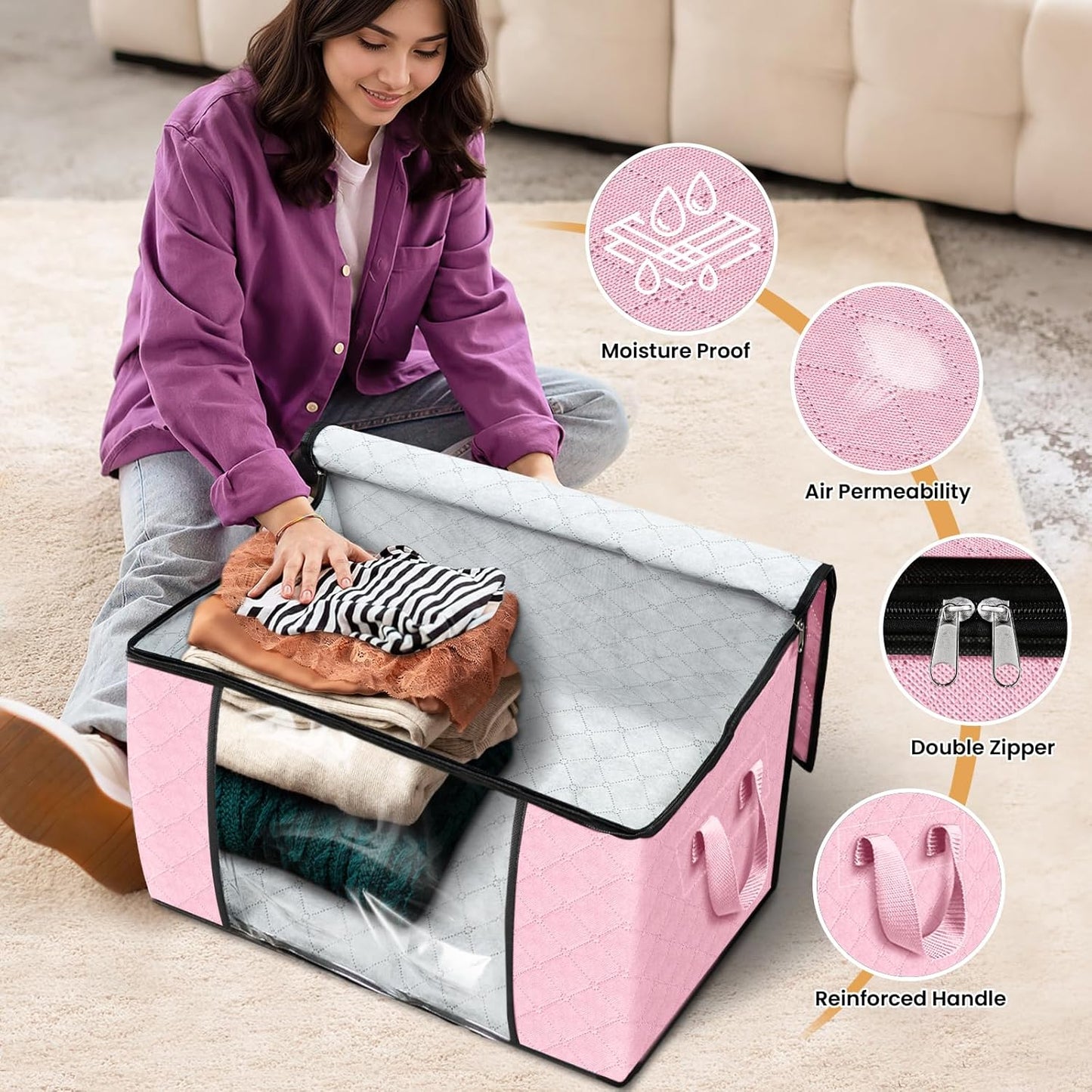 Fab totes 24 Gallons Clothes Storage, Foldable Thick Fabric Blanket Storage Bags, Containers for Organizing Bedroom, Closet, Clothing, Comforter, Organization with Handle (6 Pack,Pink)