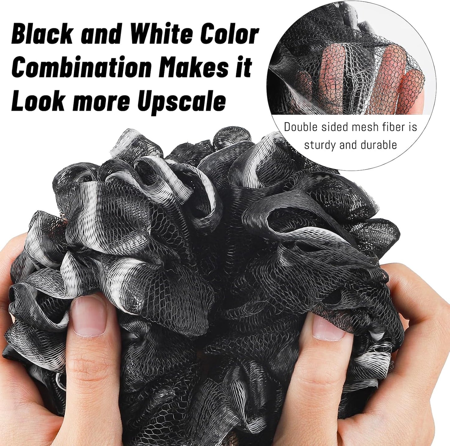 Loofah with Long Handle - Extra Large Soft PE Bath Sponge, Superior Mesh Body Scrubber for Shower with Hanging Rope - Exfoliating Back Scrubber for Shower, Suitable for Men & Women (Black)