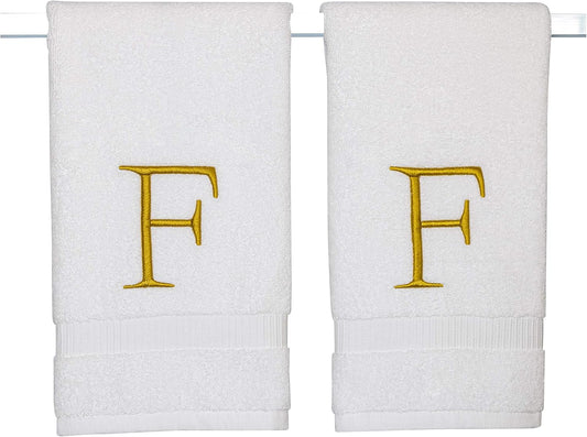 Monogrammed Hand Towels for Bathroom - Luxury Hotel Quality Personalized Initial Decorative Embroidered Bath Towel for Powder Room, Spa - GOTS Organic Certified - Set of 2 Gold Letter F