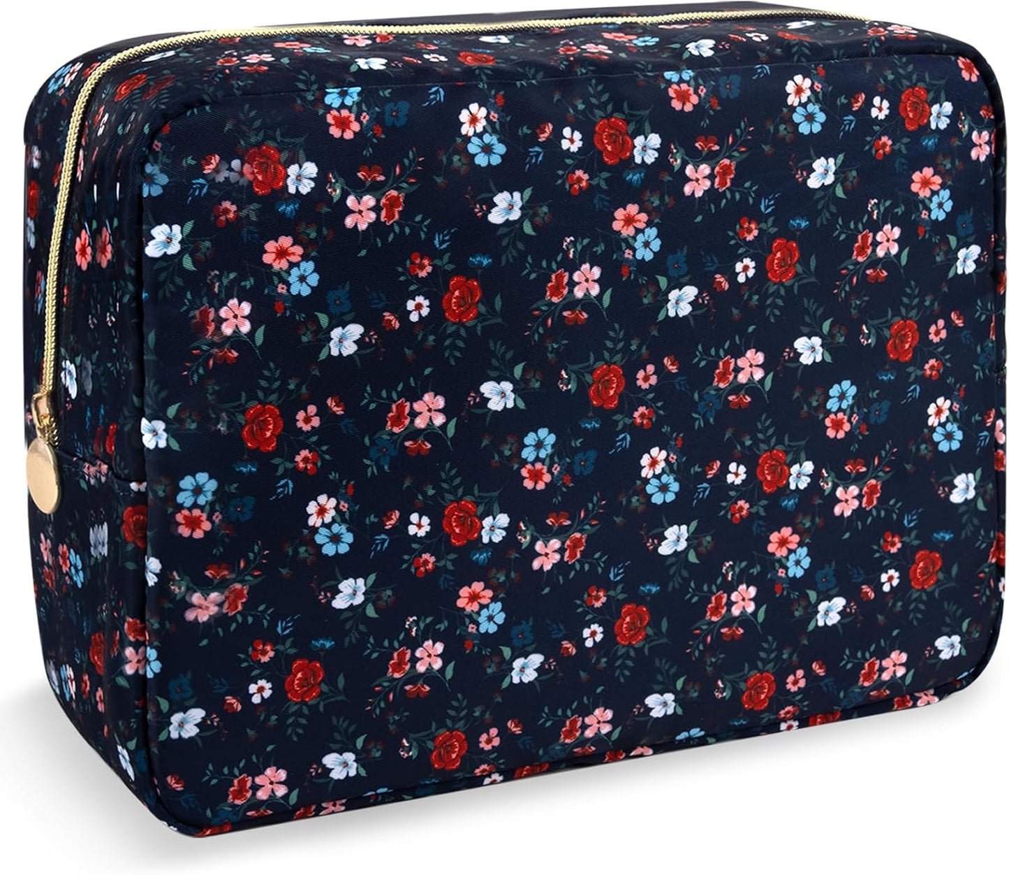 Nylon Large Floral Makeup Organizer Bag, Preppy Big Cute Flower Cosmetic Zipper Pouch Multi-compartment with Dividers, Waterproof Toiletry Makeup Brushes Travel Essentials for Women(Navy Blue-Flower)