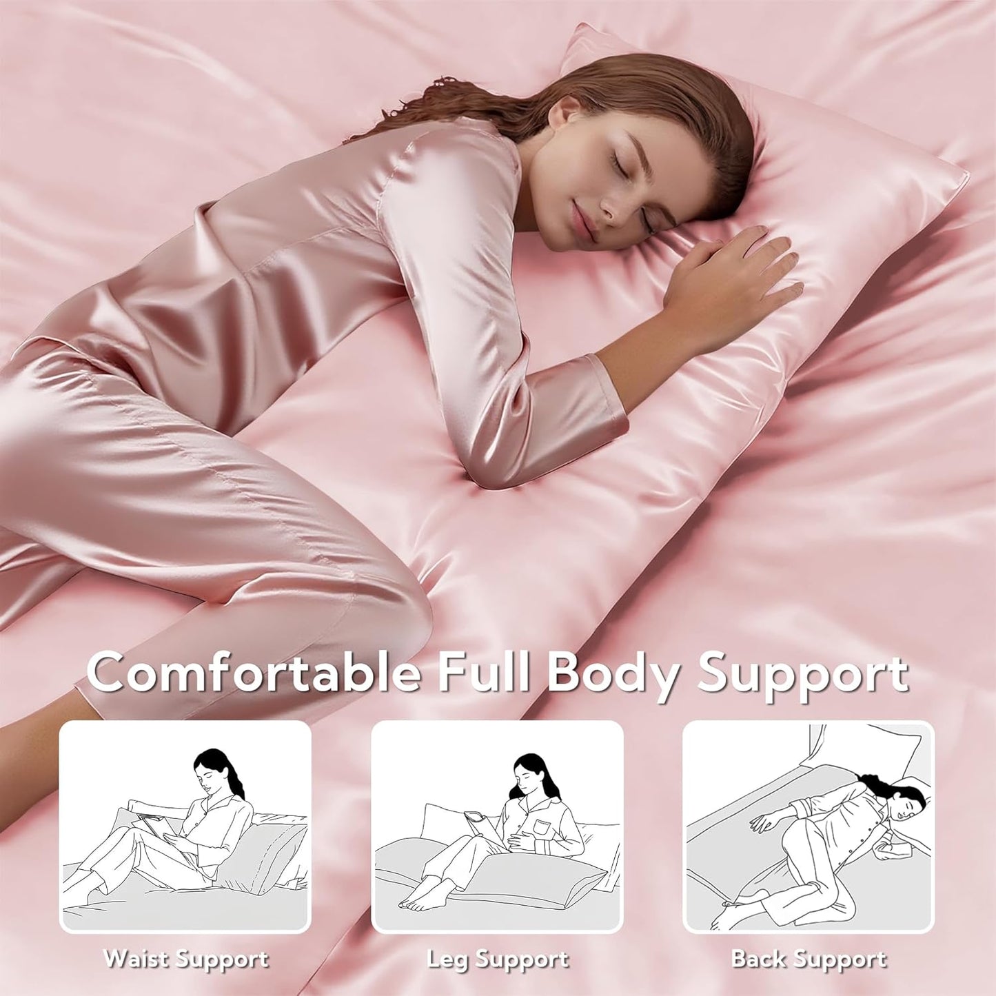 MR&HM Satin Body Pillow Cover, Soft and Breathable Body Pillow Case with Envelope Closure, Cooling and Silky Long Pillowcase for Hair and Skin,Grey (20x54, Light Pink)