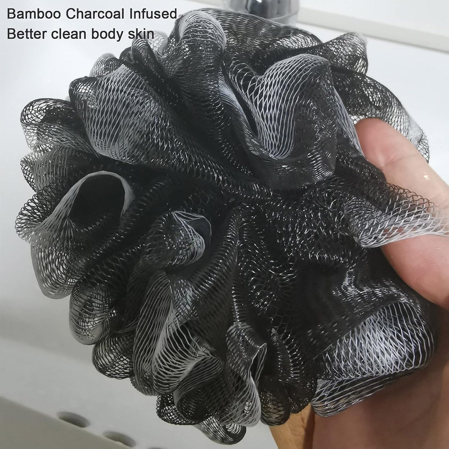 Shower Sponge Loofah Back Scrubber, Soft Mesh Body Scrubber with Wooden Handle, Bath Sponge for Women Kids (Black)