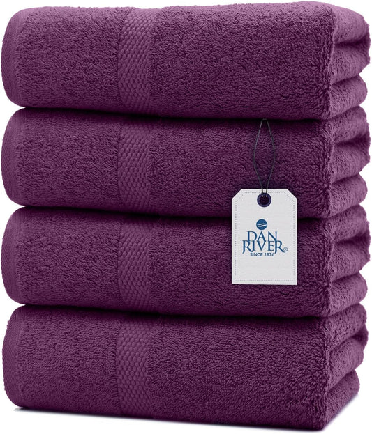 DAN RIVER Bath Towels Set of 4, 27 x 54 Inches, 100% Cotton, Larger & Lighter Weight, Quicker to Dry, Super Soft and Absorbent, Ideal Quick Dry Bath Towel for Daily Use, Purple