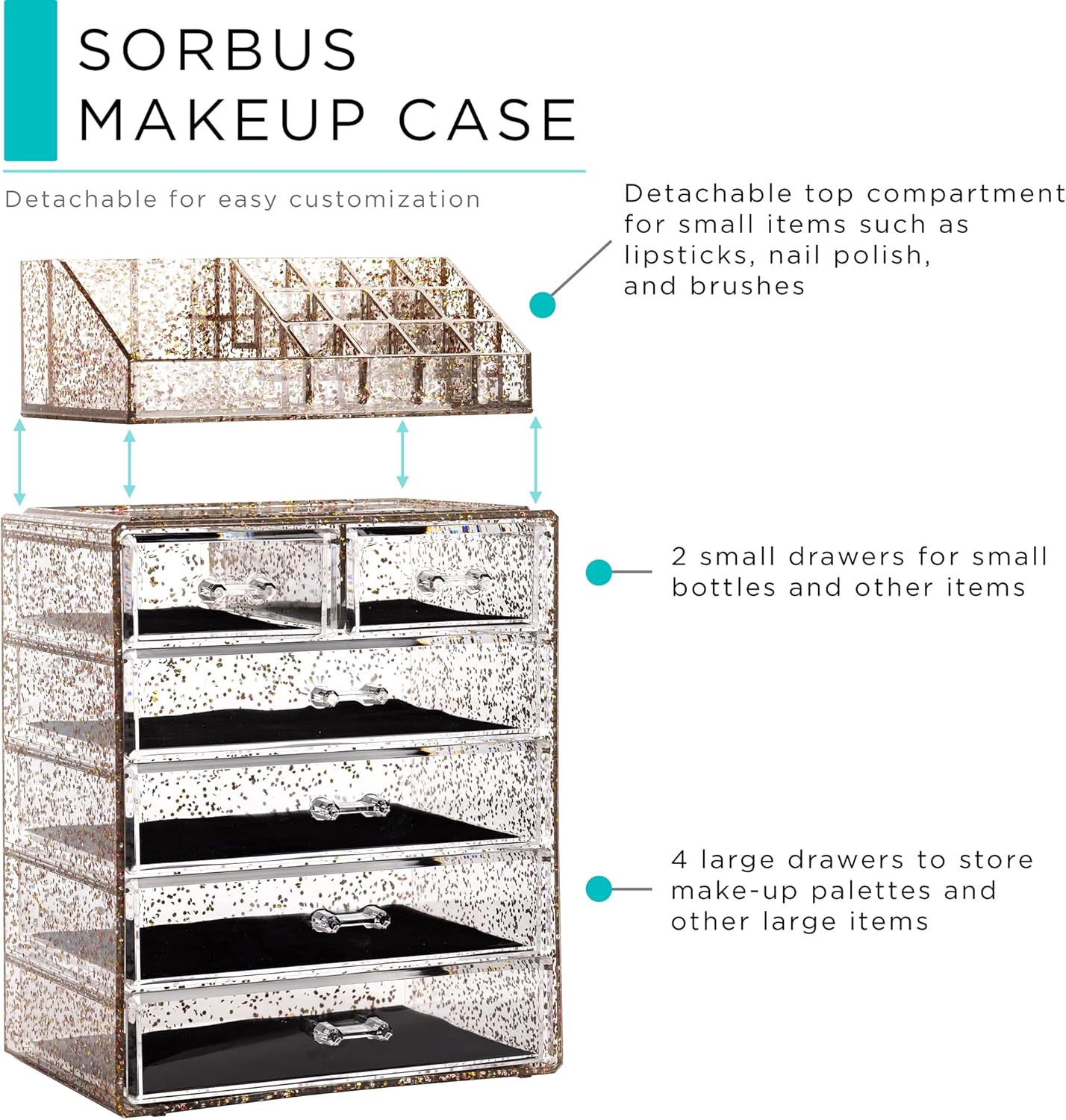 Sorbus Clear Cosmetic Makeup Organizer - Make Up & Jewelry Storage, Case & Display - Spacious Design - Great Holder for Dresser, Bathroom, Vanity & Countertop (4 Large, 2 Small Drawers) [Glitter]