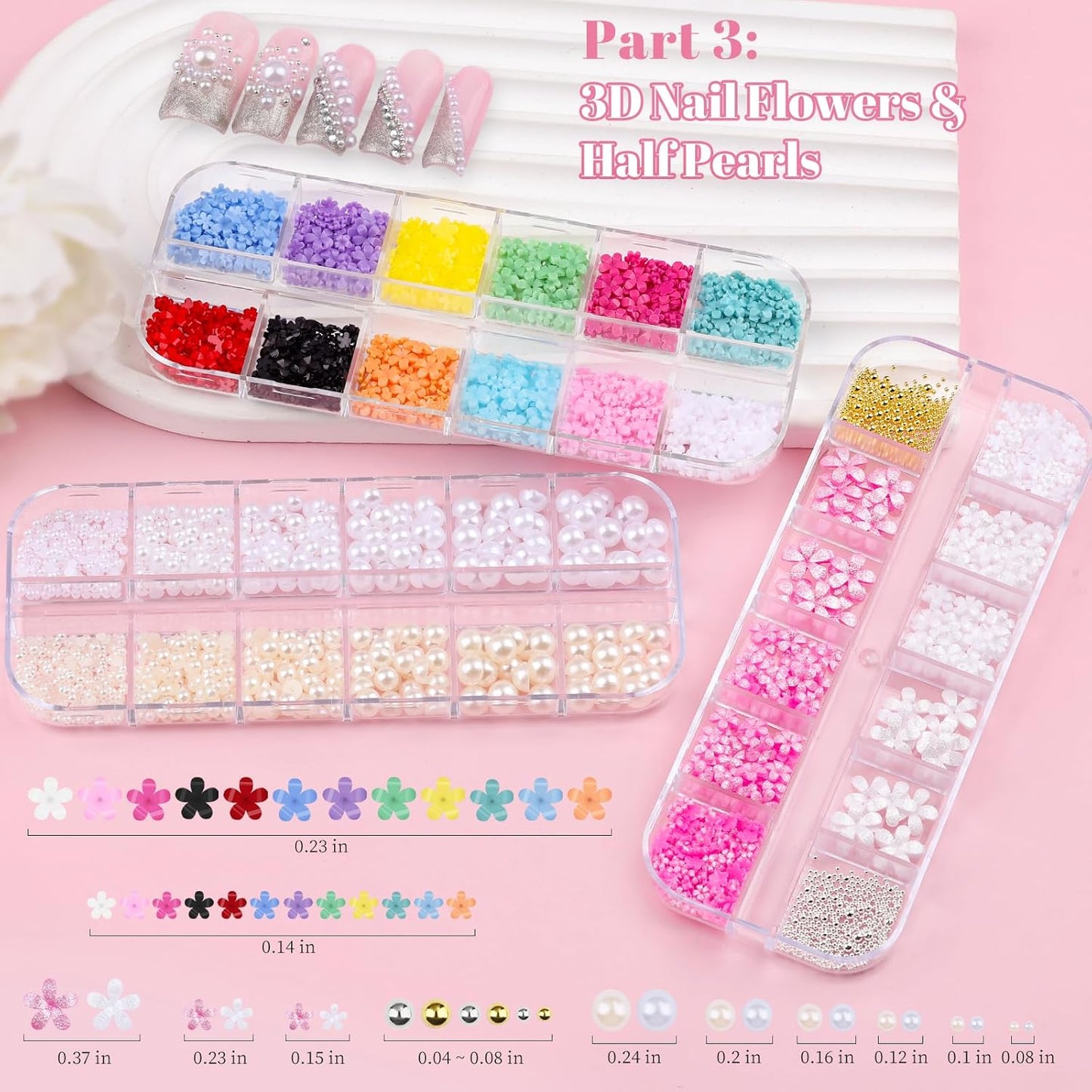 12 Boxes Nail Art Kit with Nail Charms, Gems, Rhinestones & Studs - Flatback Rhinestones, 3D Gold/Silver Charms, White Half Pearls, Pink Flower Charms, Star/Butterfly Sequins + 4 Tools for DIY Crafts