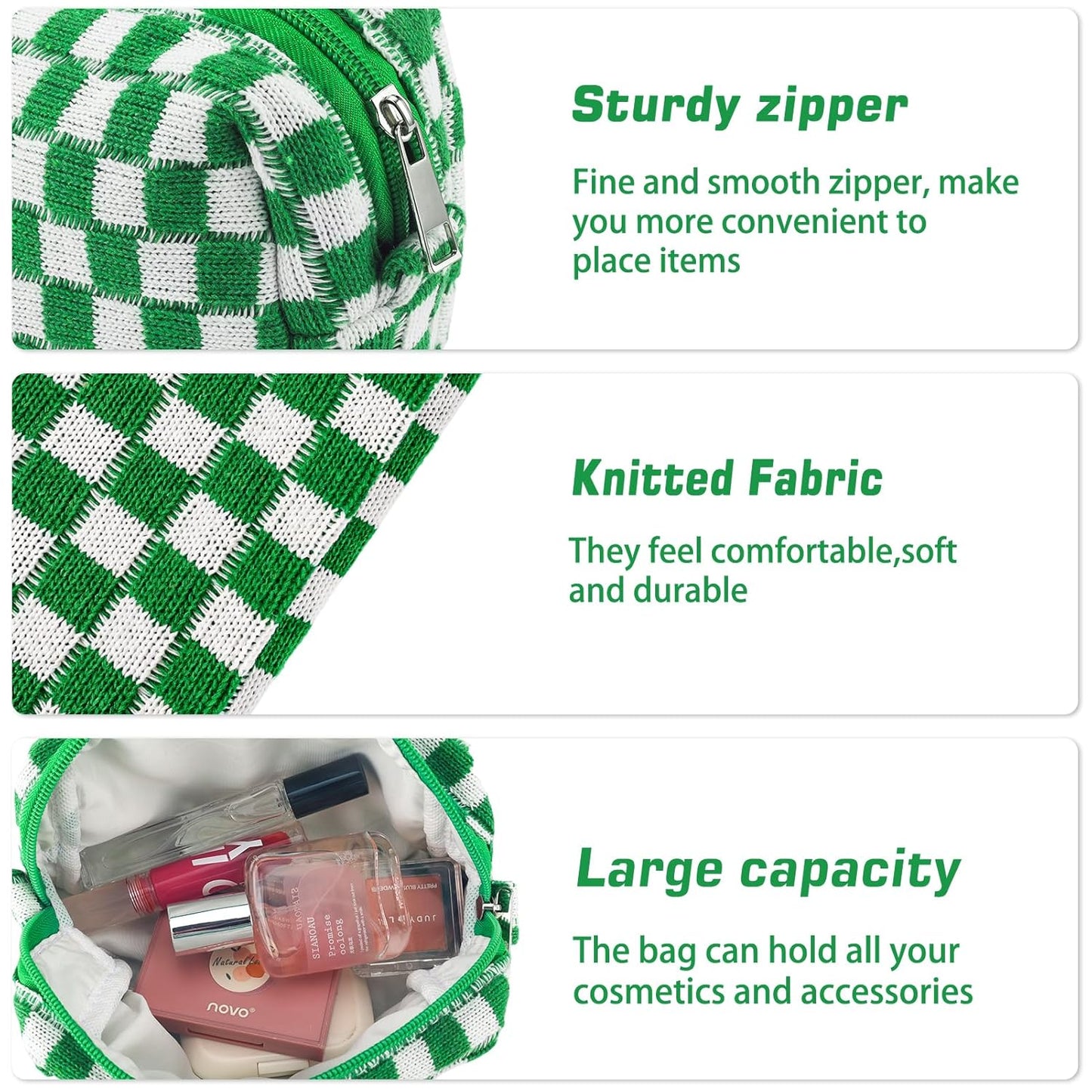 2Pcs Checkered Pencil Case Cute Pencil Pouch for Teens Checkered Makeup Bag Travel Cosmetic Bag Set Cute Makeup Pouch for Purse Portable Zippered Skincare Bags Preppy Toiletry Bags Organizer(Green)