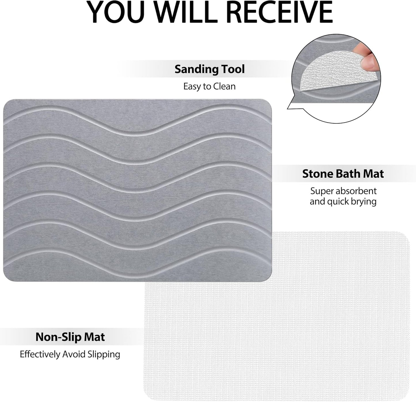 Absorbent Stone Bath Mat, Diatomaceous Earth Shower Mats, Non-Slip Water Absorbing Diatomite Stone Mat for Bathroom Floor, Quick-Drying Easy to Clean (23" x 16" Gray)