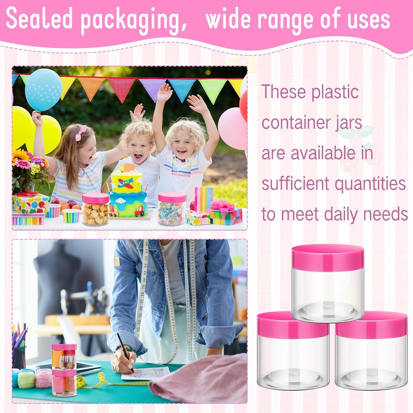 SATINIOR 12 Pack 8 oz Plastic Container Jars with Lids Round Clear Travel Cosmetic Container Slime Jars for Toiletries, Lotion, Cream, Ointments, Makeup, Rhinestone, Samples, Kitchen Storage(Pink)