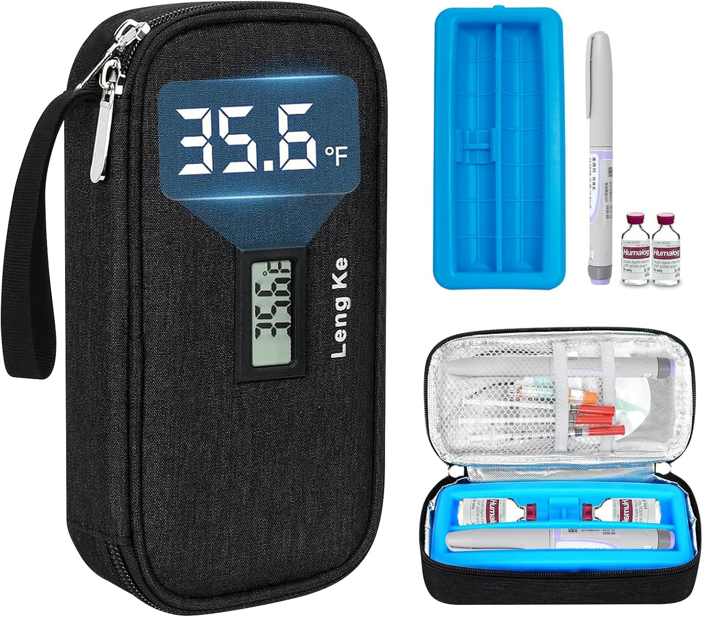 Insulin Cooler Travel Case for Pen & Vials - TSA Approved Temperature Display Diabetic Medication Cooling Bag with Protective Ice Brick, Refrigerated Diabetes Supplies Carrying Organizer(Black)
