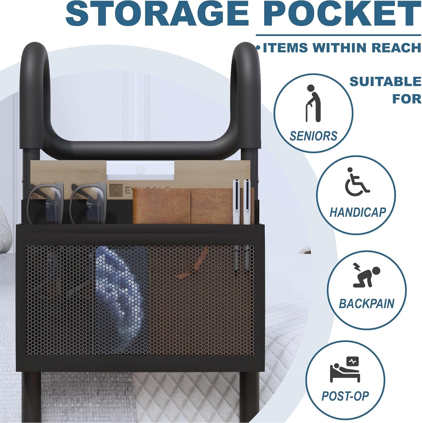 Bed Rails for Elderly Adults Safety - Bed Assist Rail with Height-Adjustable Handle - Bedside Hand Guard Grab Bar with Motion Light and Storage Pocket - Bedside Assist Bar Fits All Bed Sizes