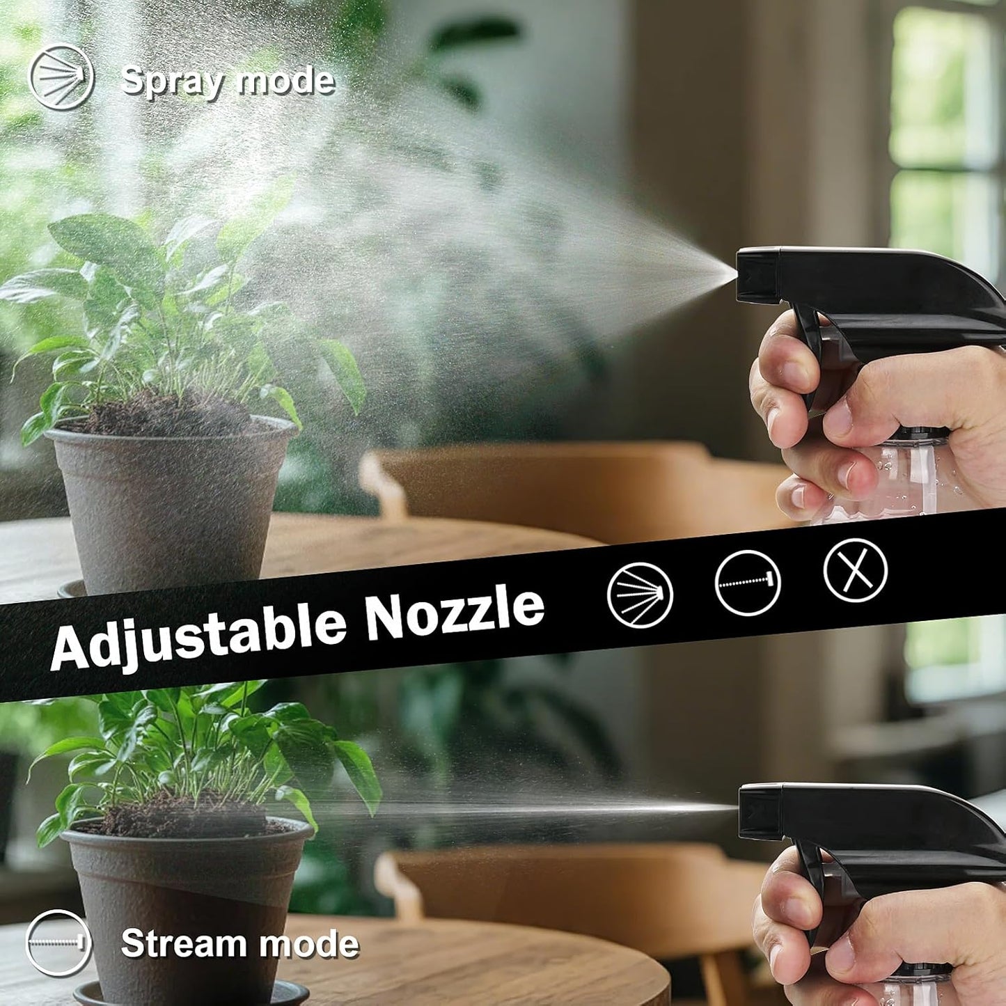 Spray Bottles Plastic Spray Bottle for Hair Mist/Stream Heavy Duty Empty Spray Bottles for Cleaning Solutions, Plants, Cooking (12oz-Blackclear+nozzle)