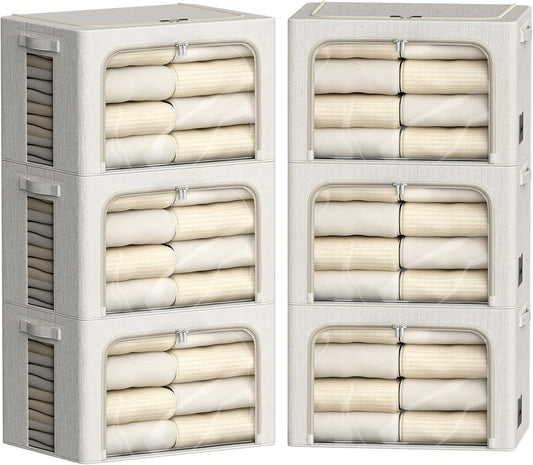 FHSQX 6 Pack Clothes Storage Bins with Metal Frame Foldable Storage Bins for Clothes Linen Fabric Storage Box with Clear Window (Lvory White, 15.7x11.8x7.8inch(22L))