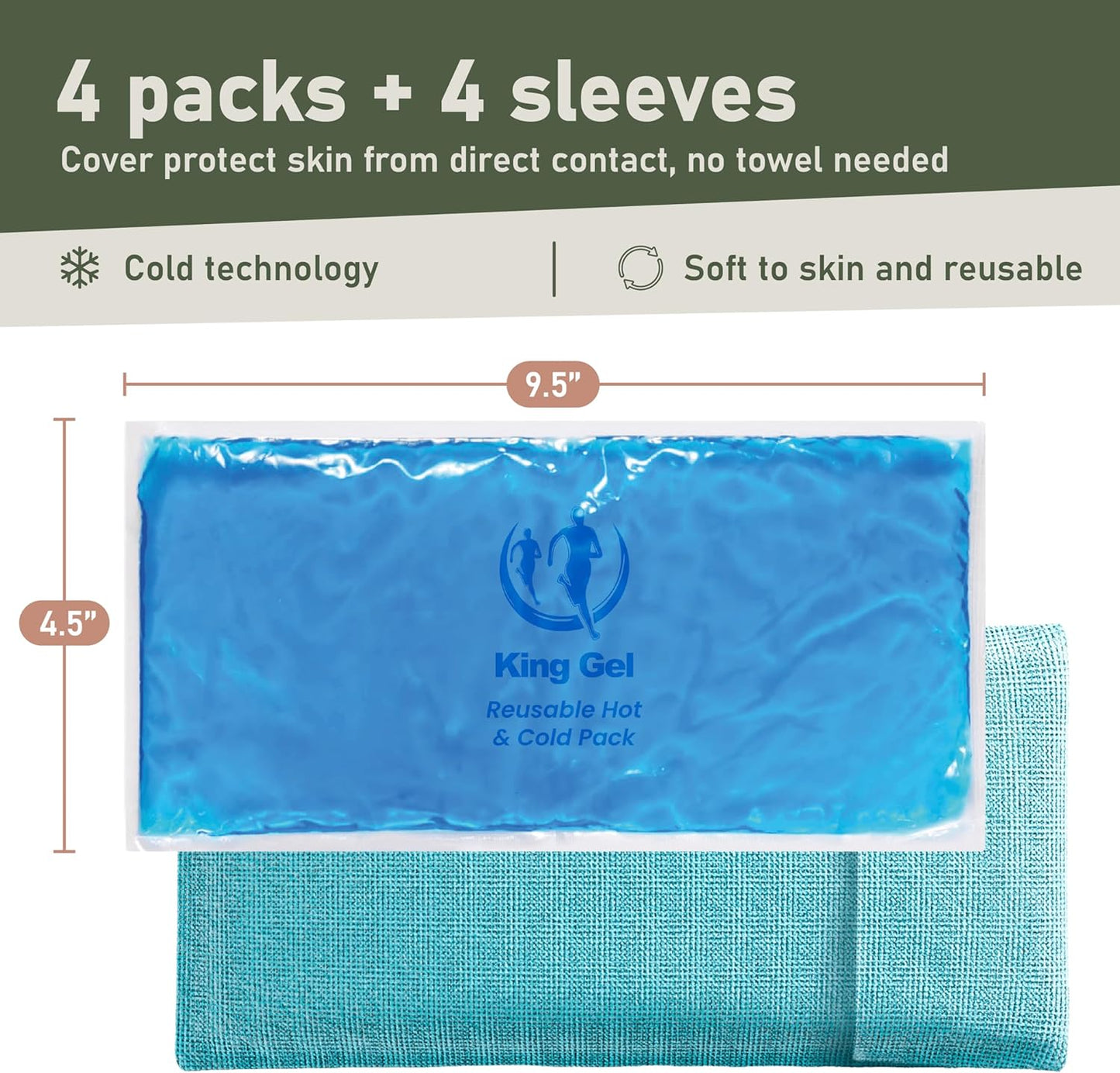 4PK Flexible Gel Ice Packs for Injuries Reusable - Gel Ice Pack Cold Compress for Knee, Back, Neck, Wrist, Hand, Elbow, Ankle Pain Relief - 9.5" x 4.5"