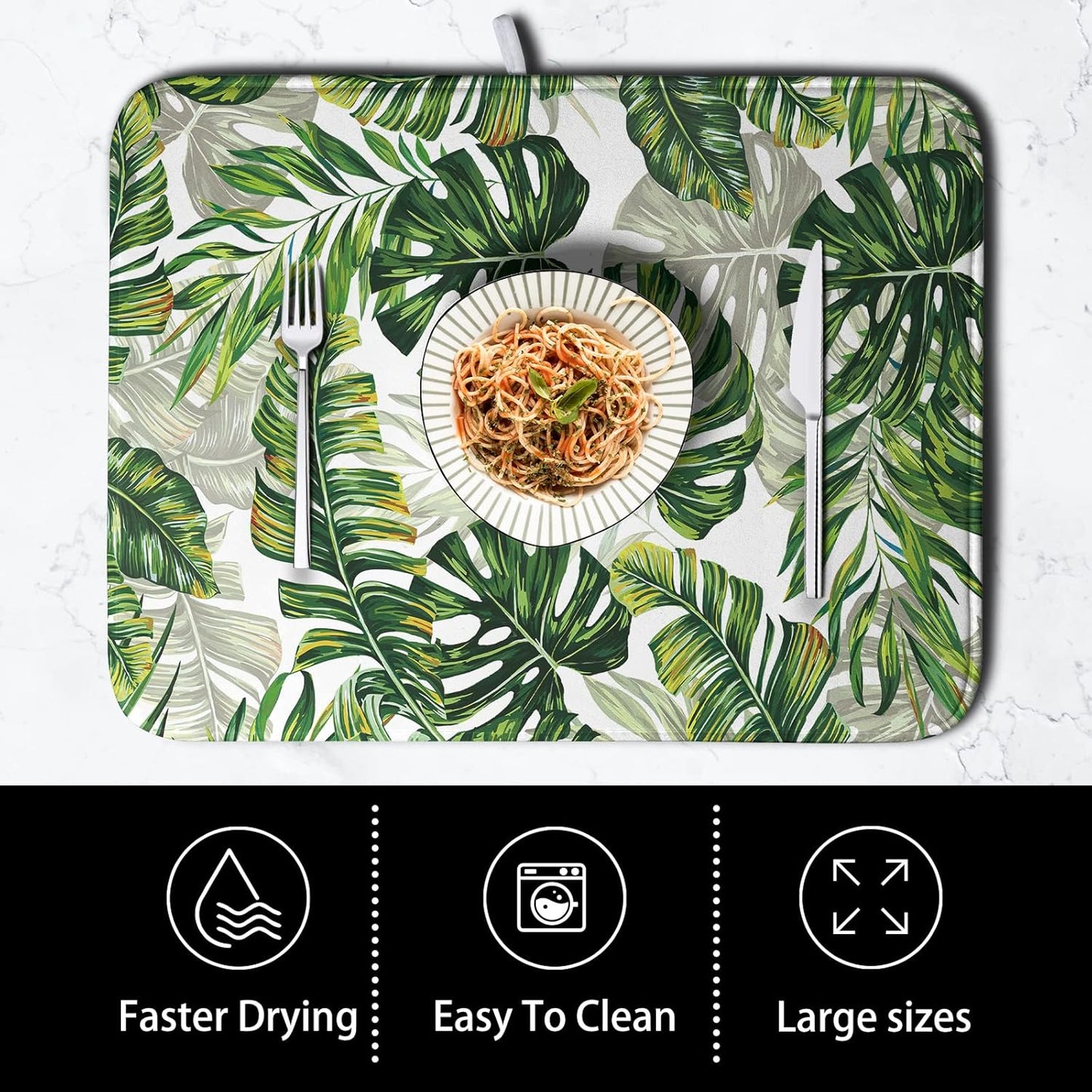 Tropical Palm Leaves Dish Drying Mat for Dishes 16x18 Inch Spring Green Monstera Leaf Drying Mat Watercolor Herbs Dish Drainer Mat Super Absorbent Dish Rack Pad for Coffee Bar Sinks