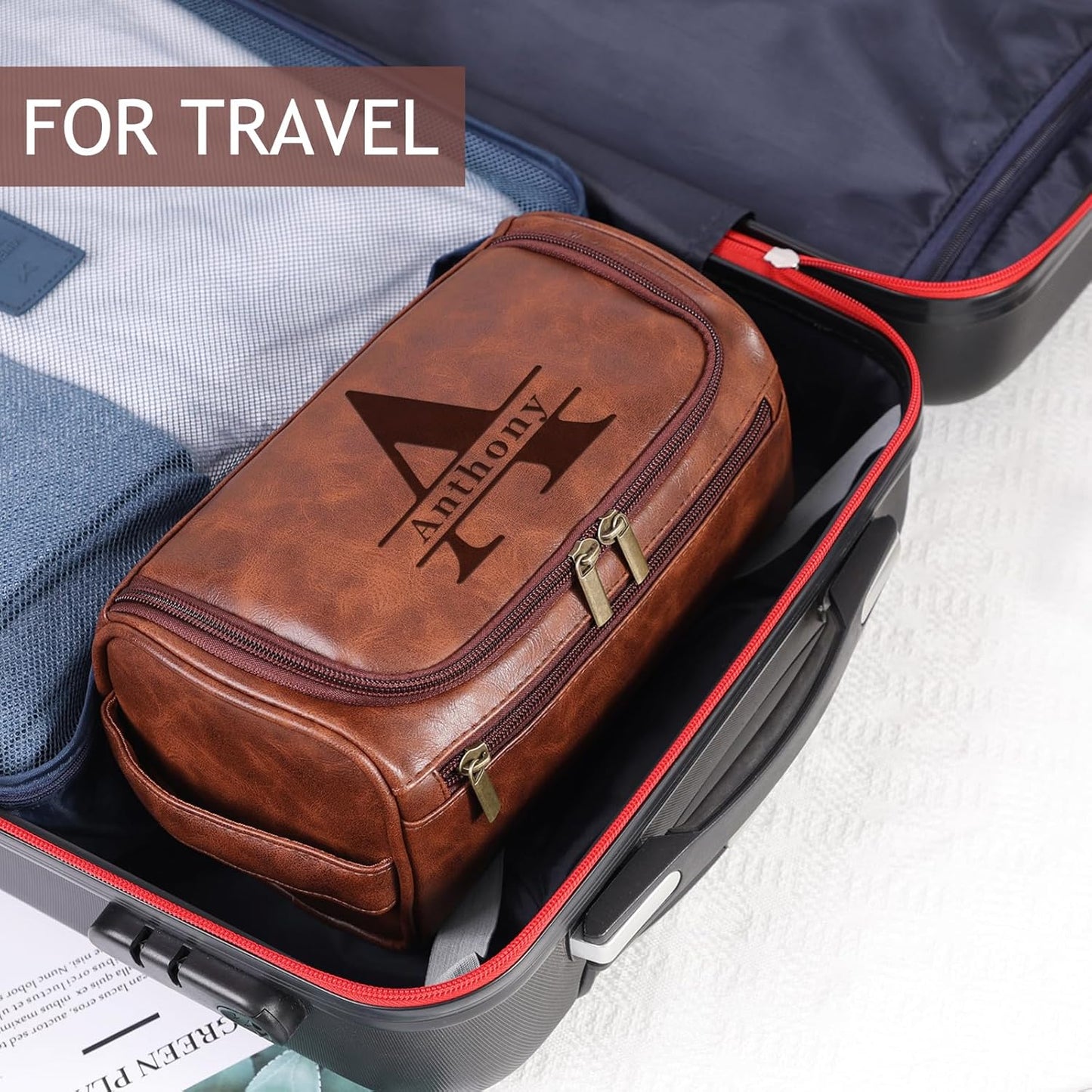 Personalized Leather Toiletry Bag for Men, Custom Engraved Travel Dopp Kit Bag, Customized Name Initials Gift for Groomsmen, Best Man, Father's Day, Wedding, Birthday, Husband, Grandpa