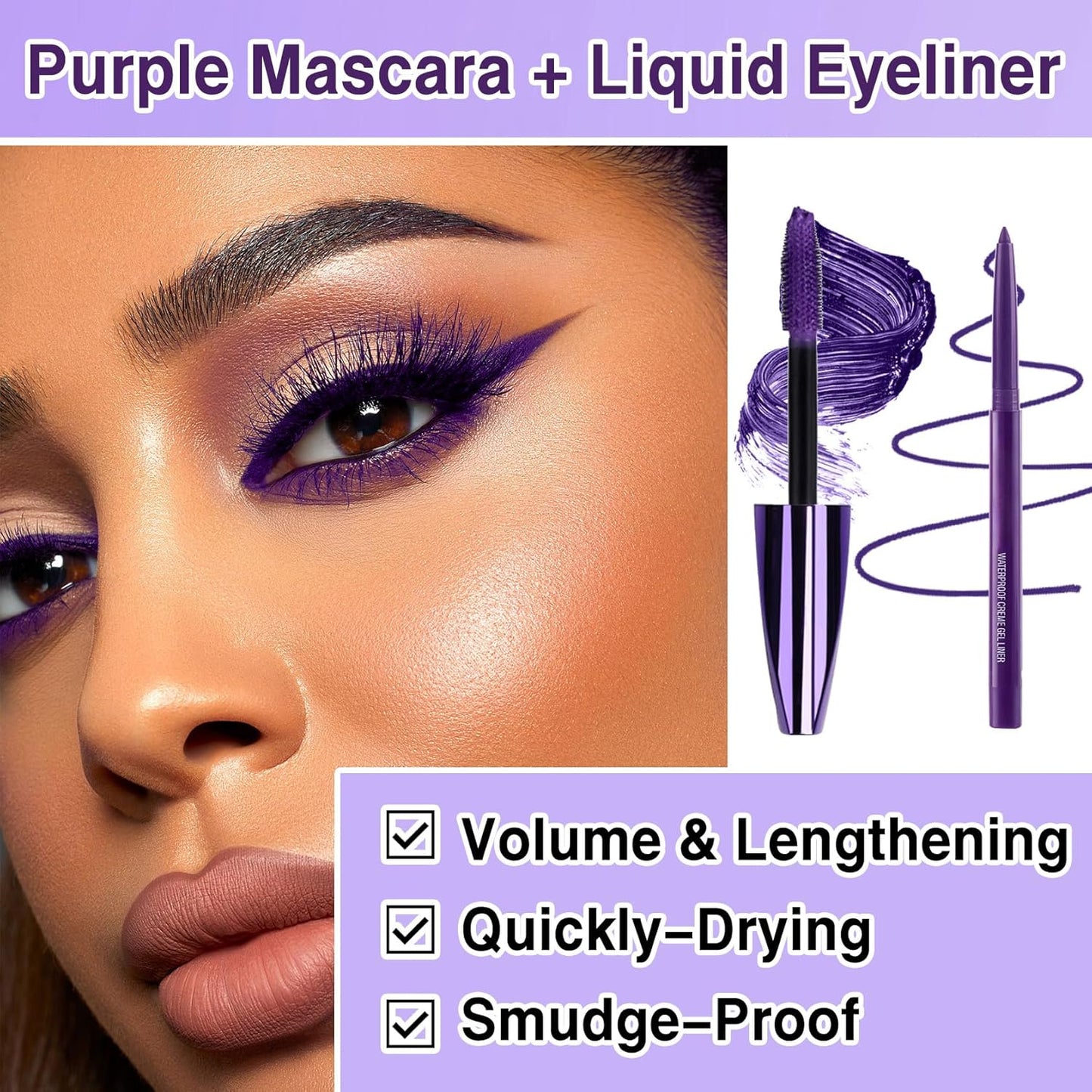 Purple Mascara and Eyeliner Set, 5D Colored Volume and Length Waterproof, Purple Mascara for Eyelashes, Natural Lengthening Curling, Suitable for All Skin Types