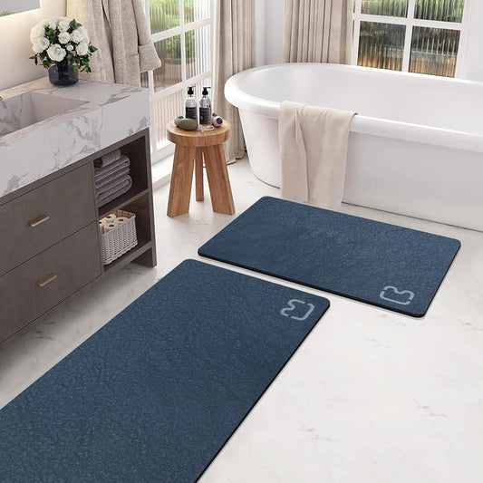 Navy Bathroom Rug Set, 2 Piece Diatomaceous Earth Bath Mats Non Slip Absorbent Quick Dry Thin, 15.7X 23.6 + 15.7X 47.2 Inch