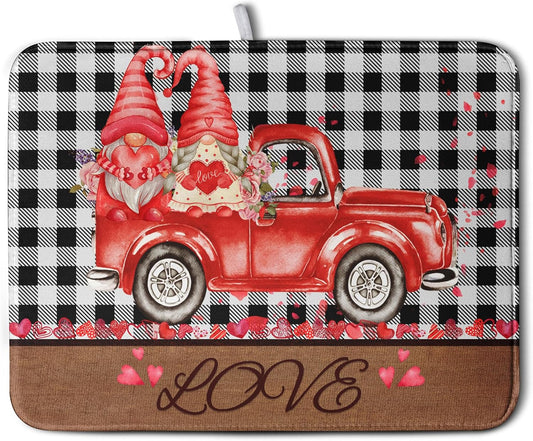 Valentine's Day Dish Drying Mats for Kitchen Counter, Buffalo Plaid Truck Kitchen Drying Mat, Love Heart Gnome Absorbent Dishes Pad 18 x 24 Inch - Farmhouse Decor Valentines Gift