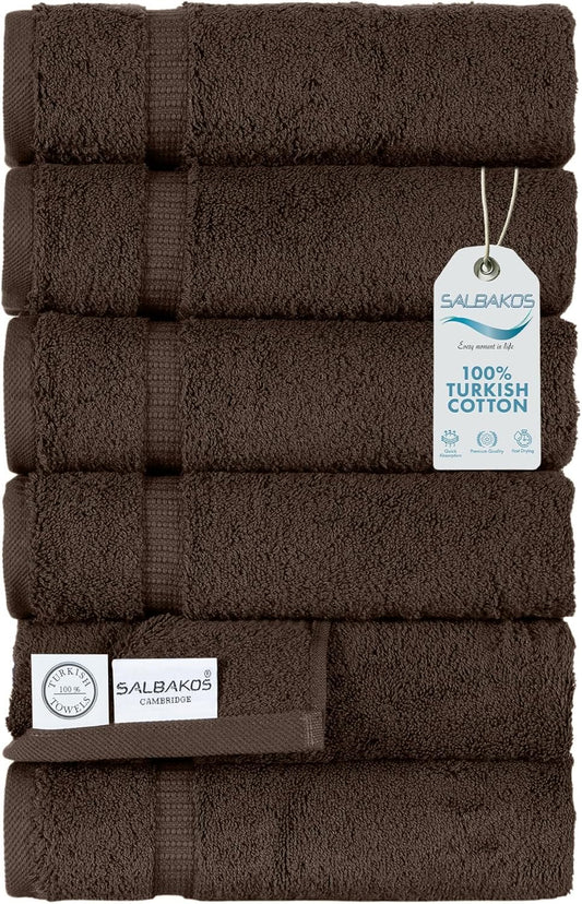 SALBAKOS 100% Turkish Cotton Hand Towel Set of 6 16x30 inch | Heirloom Quality | Hotel & Spa Collection | Soft, Super Absorbent, Long Lasting Hand Towels | Made in Turkey (Chocolate, 6 Hand Towels)