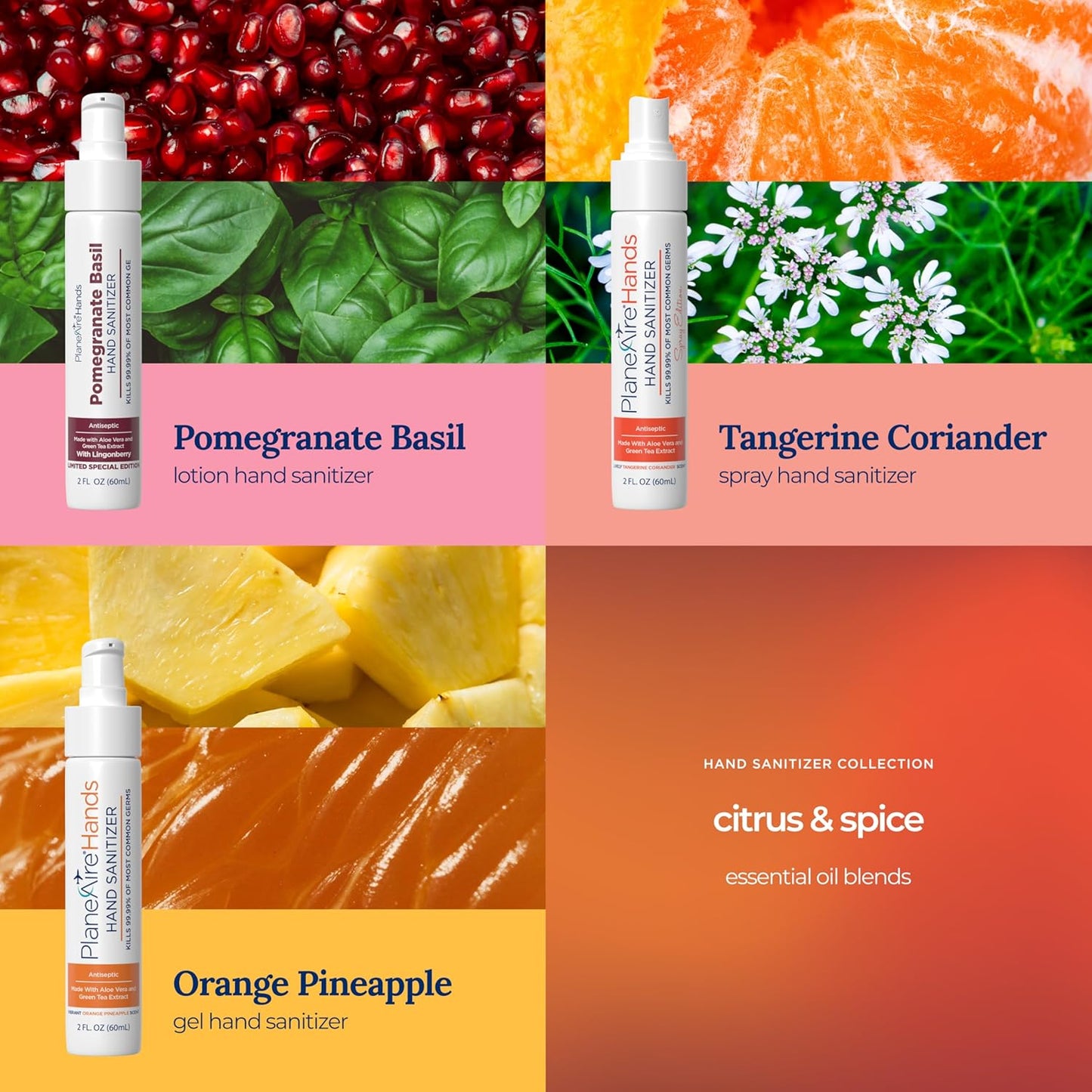 Citrus & Spice Variety 3pk Hand Sanitizer | Orange Pineapple Gel, Pomegranate Basil Lotion, Tangerine Coriander Spray | Travel Size | Made with Aloe Vera & Essential Oils | Rich in Vitamin E
