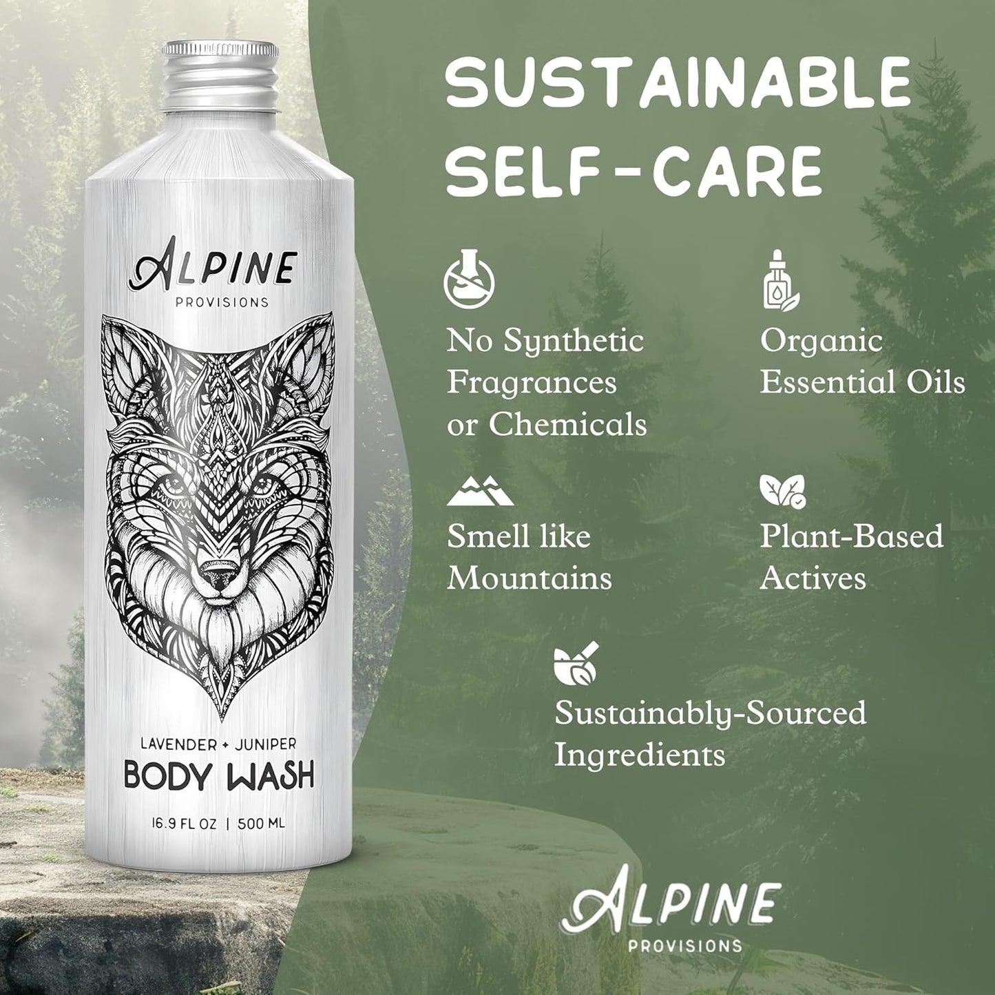 Alpine Provisions Natural Lavender + Juniper Moisturizing Body Wash – Hydrating Cleanser for Dry and Oily Skin with Jojoba & Coconut Oil Extracts – Vegan, Sulfate-Free, Plastic-Free - 16.9 fl oz