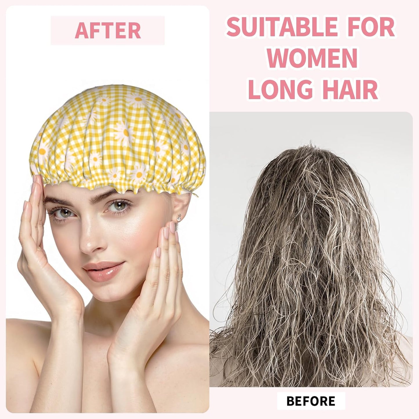 Daisy Shower Caps Yellow Checkered Dual-Layer Waterproof Bath Hat Flower Reusable Hair Caps Elastic Hair Hat for Shower Cooking Clean Makeup Travel