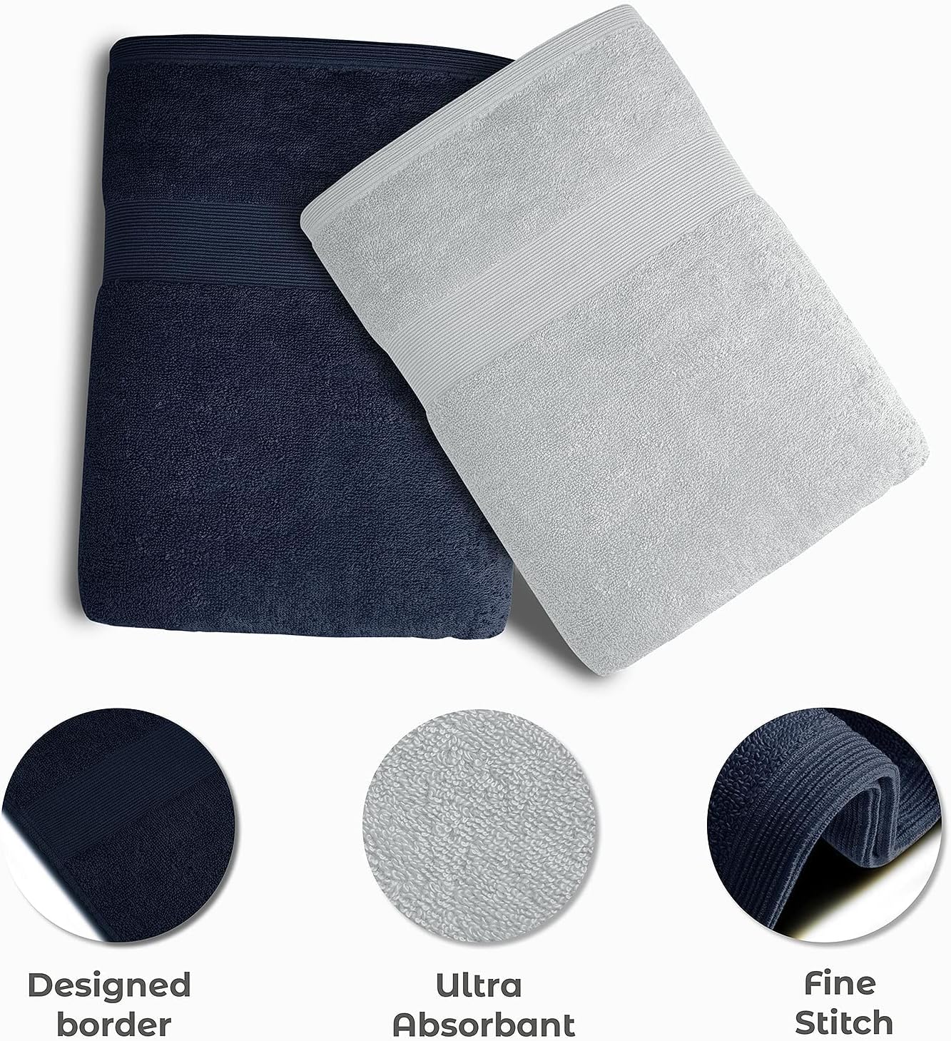 Softolle Luxury Bath Towels Set of 4 (27” x 54”) | Towels for Bathroom | Super Soft | Highly Absorbent Towels for Home, Spa, Gym (Silver Grey-Navy Blue)