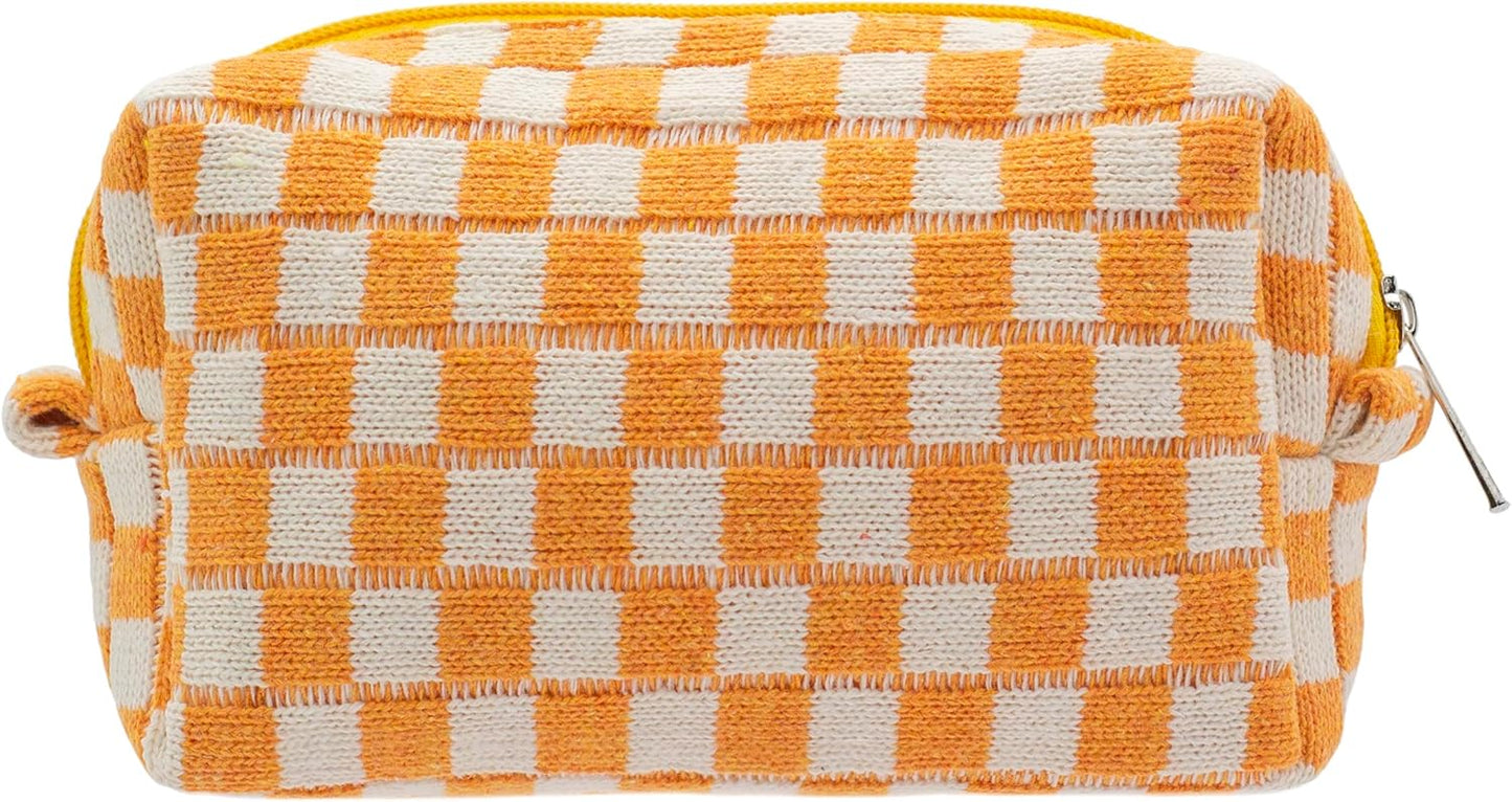 PAZIMIIK Checkered Makeup Bag for Purse Portable Zipper Make Up Pouch Small Cosmetic Case for Travel Accessories (Orange)