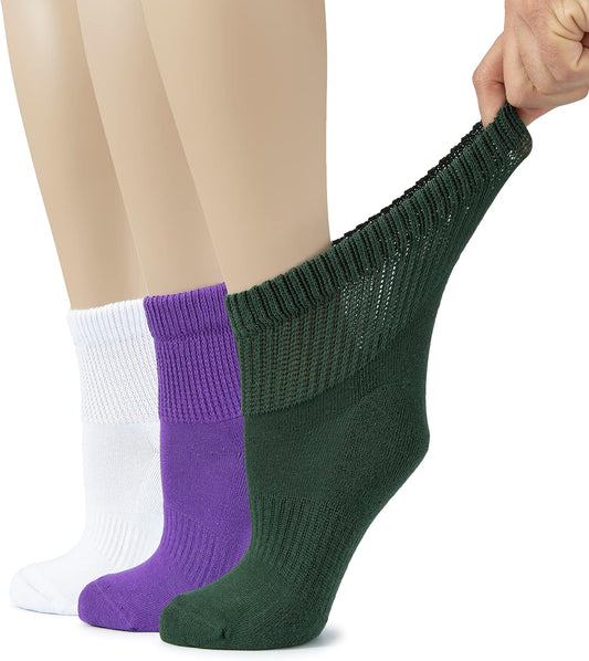 Hugh Ugoli Women's Cotton Diabetic Ankle Socks, Wide, Loose, Stretchy, Seamless Toe, Non Binding Top Semi Cushion, 3-6 Pairs
