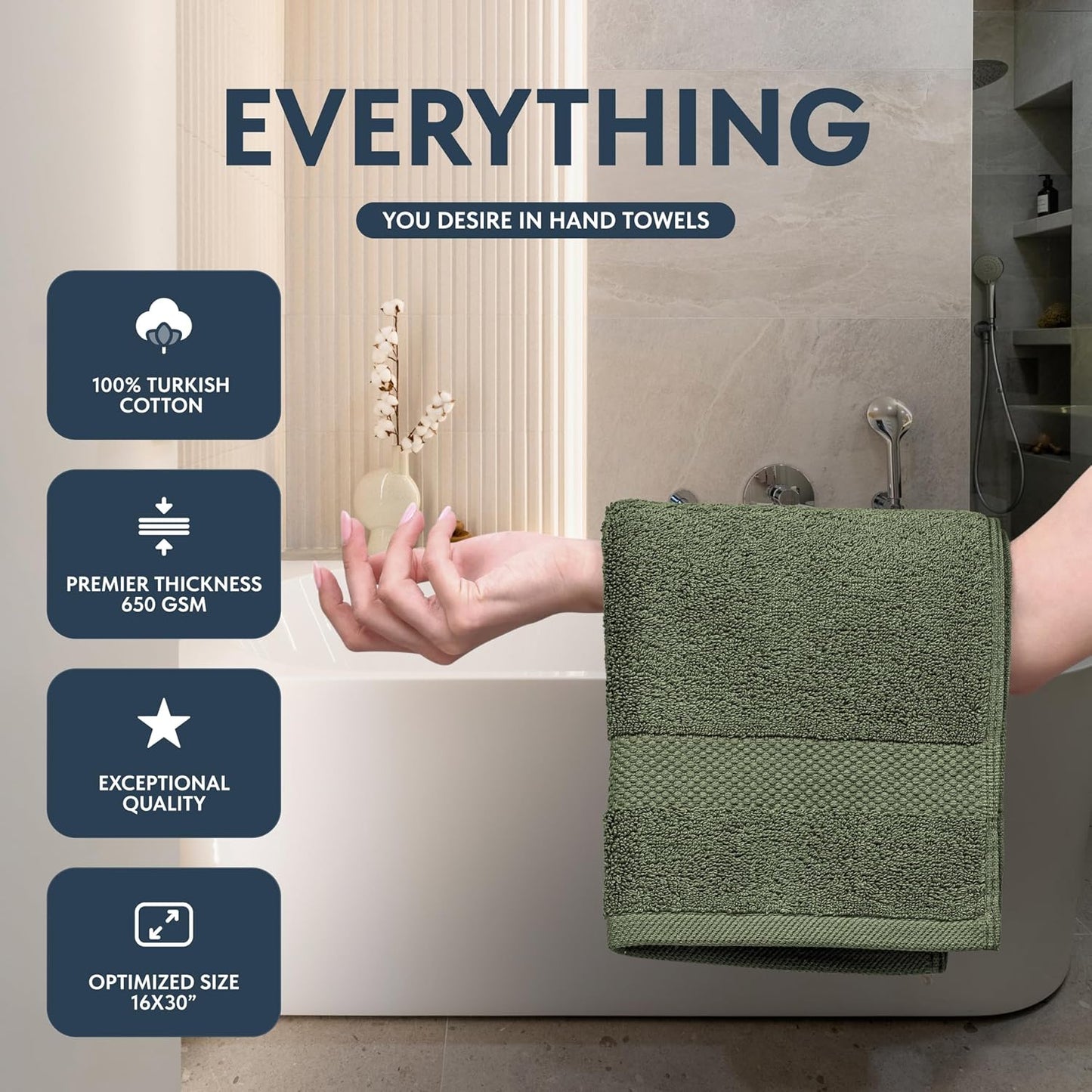 White Classic Luxury Forest Green Hand Towels - Soft 100% Turkish Cotton | Highly Absorbent Hotel spa Bathroom Towel Collection | 16x30 Inch | Set of 6