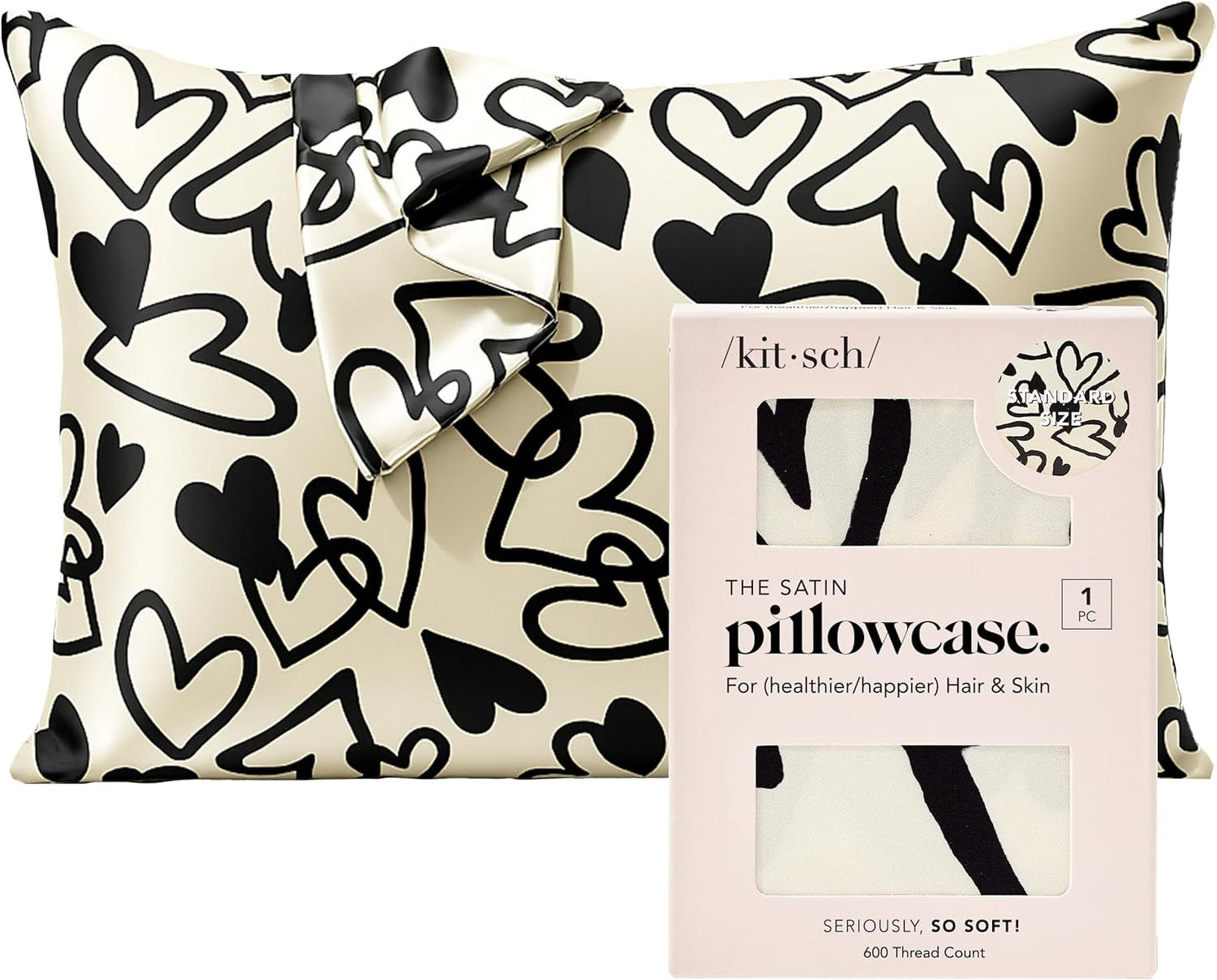 Kitsch Satin Pillowcase with Zipper for Hair & Skin, Softer Than Silk Pillow Cases Queen, Wrinkle-Free, Smooth and Cooling Satin Pillow Covers, Standard Size 19"x26" - Heart