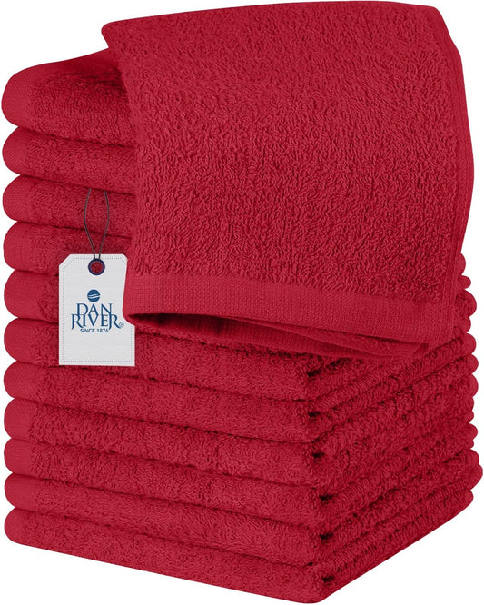 DAN RIVER 100% Cotton Wash Cloths 12 Pack [12x12] Soft & Absorbent Bath wash Cloths, Gym, Hotels & Spa Perfect for Everyday Use Fingertip Towels, Red