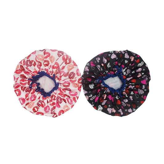 (2 Pack) Sexy Lovely Fashion Style Hair Cap Double Layer Lined Waterproof Durable Eco-Friendly Shower Cap with Tight Elastic-Fashionista Collection Bath Cap (Standard Size-Lovely Style)