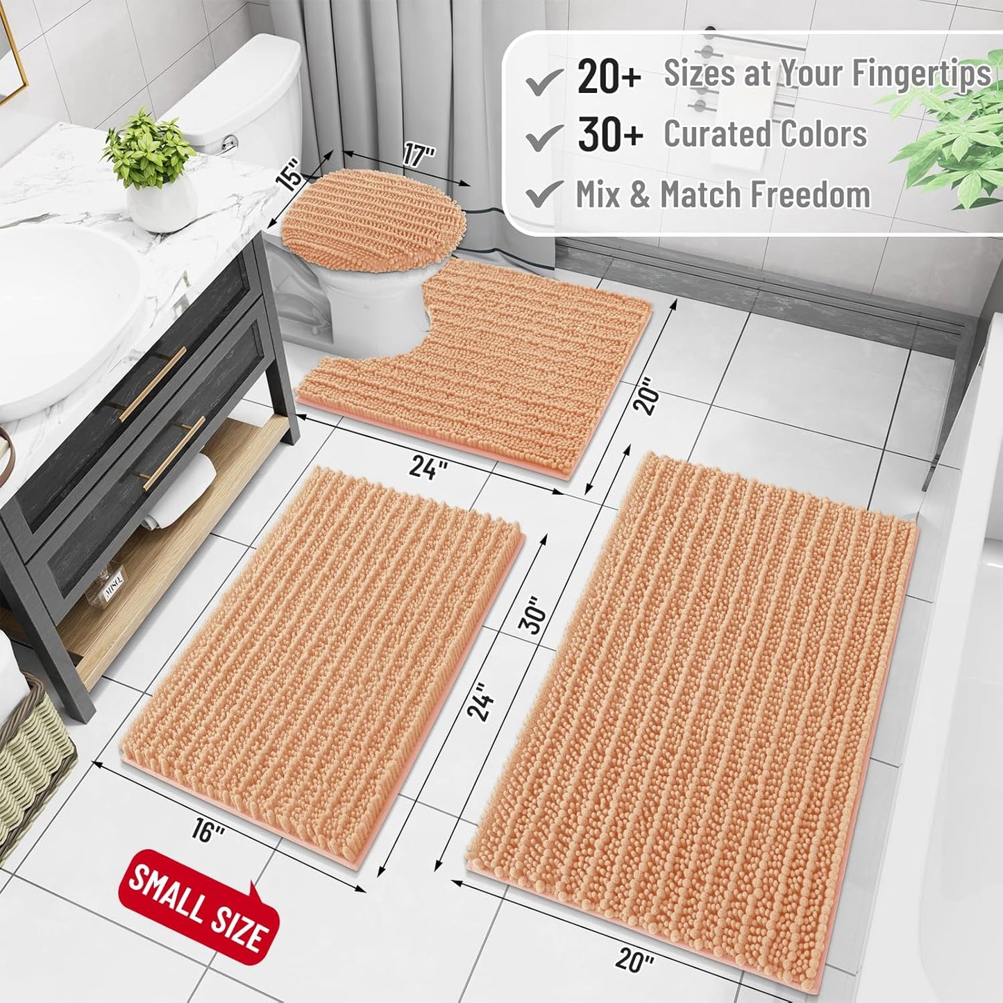 Arotive Luxury Chenille Bathroom Rug Mat, Extra Soft Thick Absorbent Shaggy Bath Rugs, Non-Slip Machine Wash Dry, Plush Bath Mats for Bathroom, Shower and Tub, 36x24, Peach