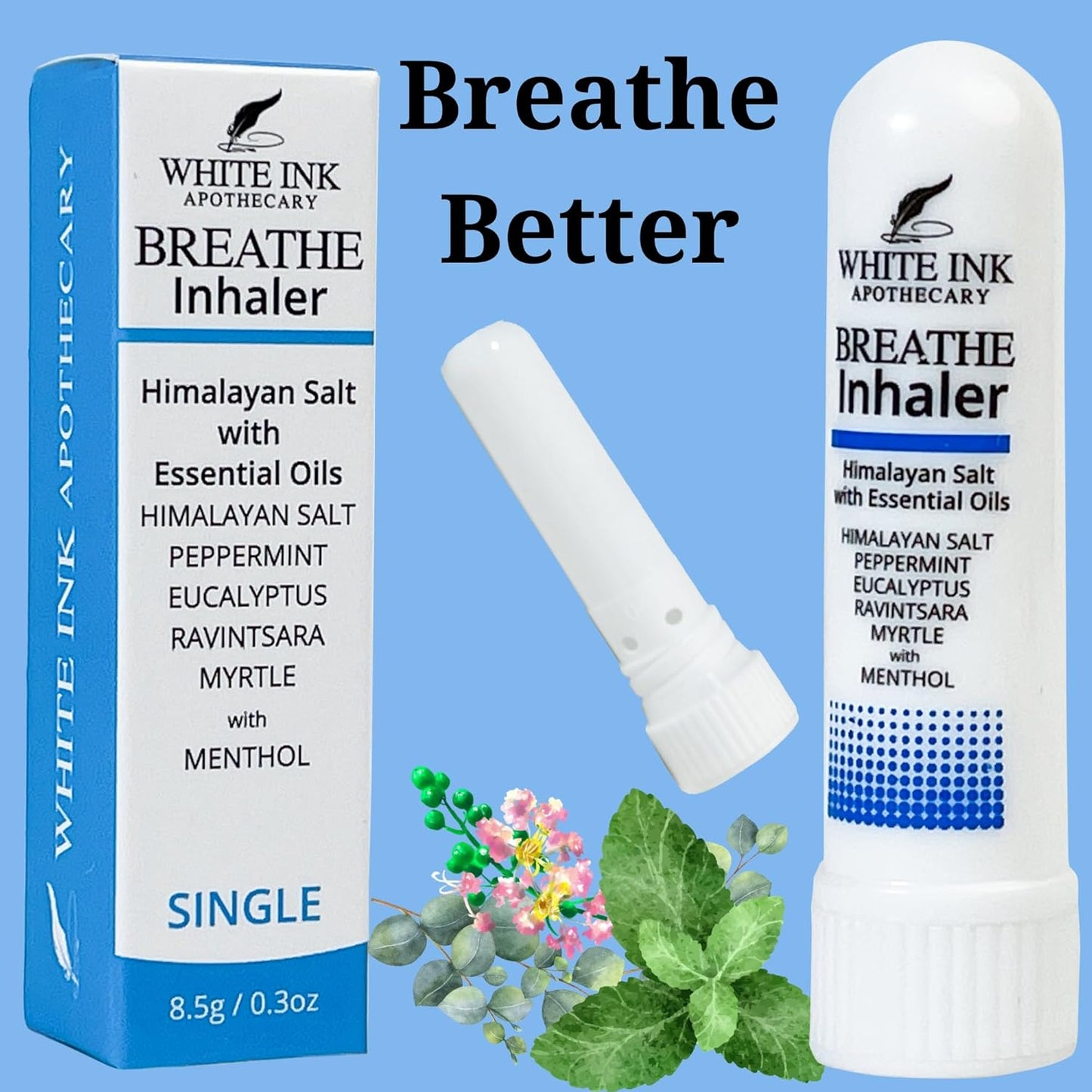White Ink Breathe | Natural Essential Oil Inhaler Eucalyptus Peppermint | Congestion | Allergy | Focus | Aromatherapy Sinus Relief (1)