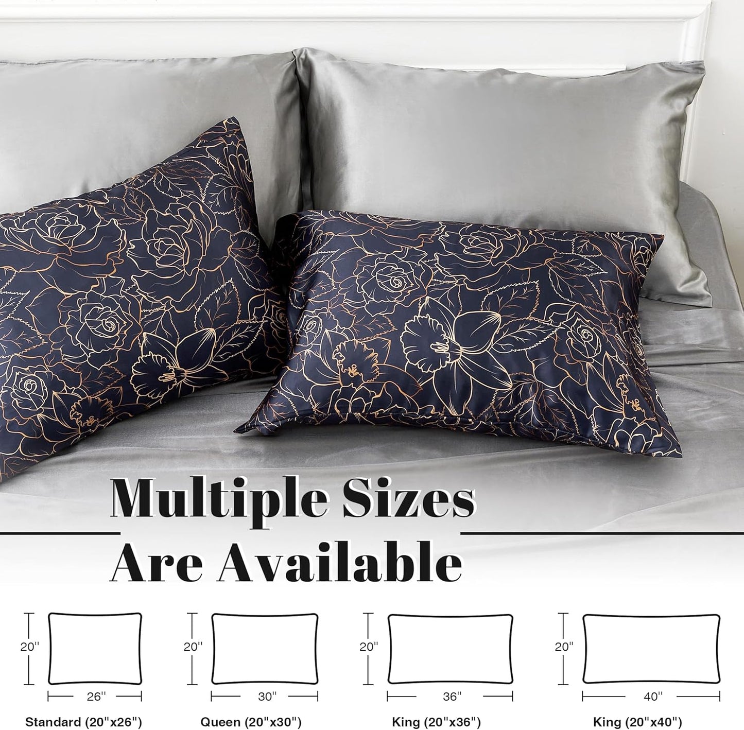 EXQ Home Satin Pillowcase for Hair and Skin Queen - Printed Blue Rose Silk Pillowcase 2 Pack 20x30 inches - Satin Pillow Cases Set of 2 with Envelope Closure, Gifts for Women Men