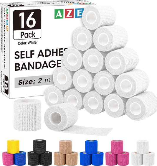 AZEN 16 Pack Self Adhesive Bandage Wrap Pink, 2" X 5 Yards Elastic Cohesive Bandage Wrap, Athletic Tape, Vet Wrap, Ankle Tape, Tattoo Grip Tape Wrap (White)