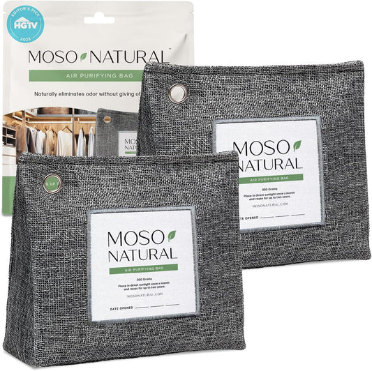 Moso Natural Air Purifying Bag 300g (10.58oz) Premium Bamboo Charcoal Odor Absorber for Home & Pet, Closet Odor Eliminator & Small Room Deodorizer, Unscented Charcoal Bags Last 2 Years (2 Pack)