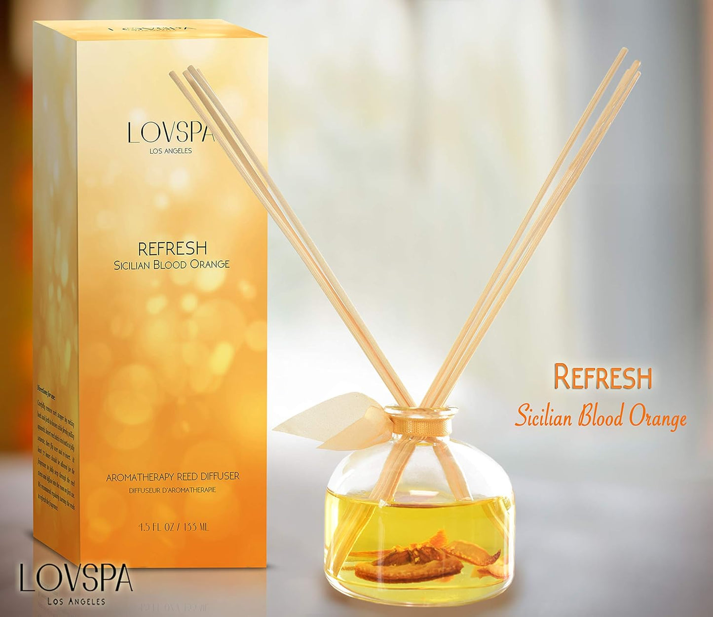LOVSPA Reed Diffuser Set, Refresh Sicilian Blood Orange Scented Oil Diffuser with Sticks, Home Fragrance Accessories for Bathroom Shelf Decor, Aroma Diffusers for Home or Office Desk, USA Made