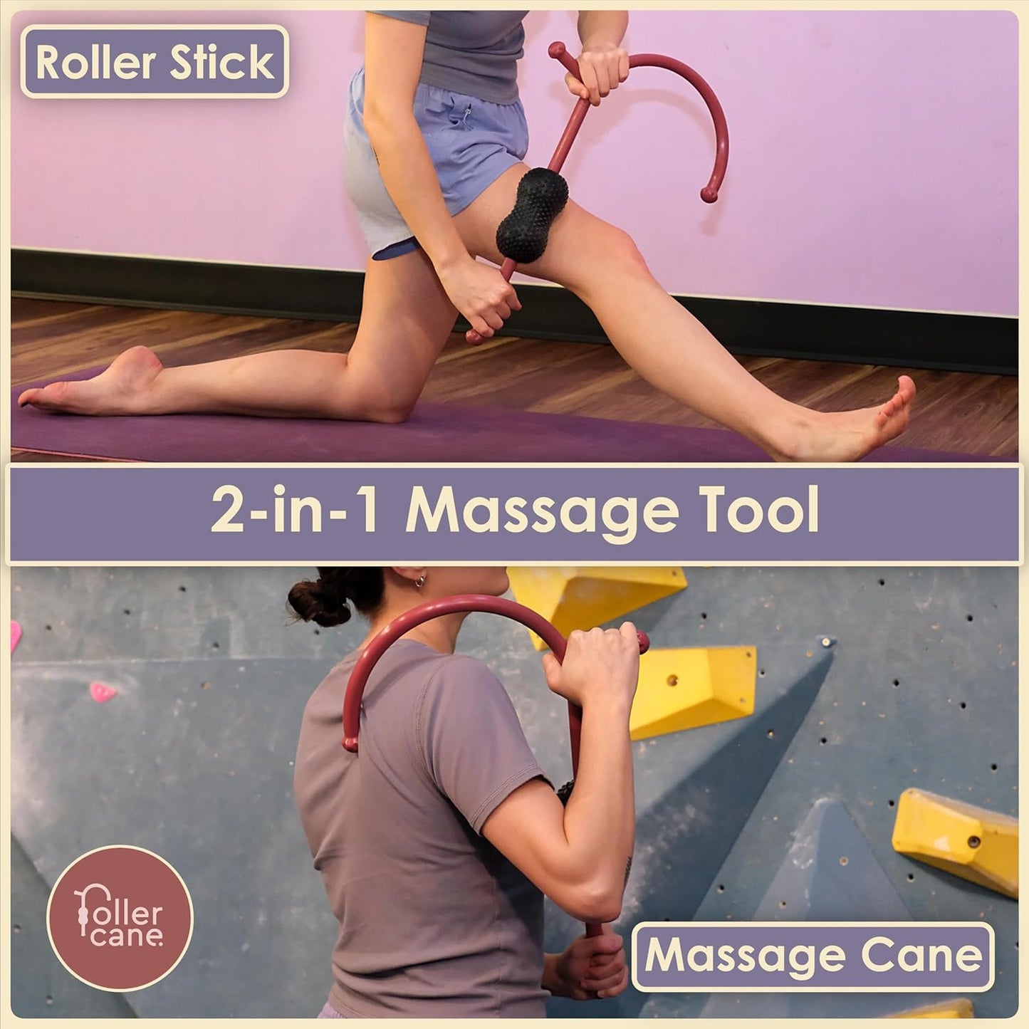 Roller Cane Massager | 2-in-1 Massage Roller Stick & Trigger Point Cane | Rubber Ball for Deep Tissue, Myofascial Release & Muscle Recovery (Red)