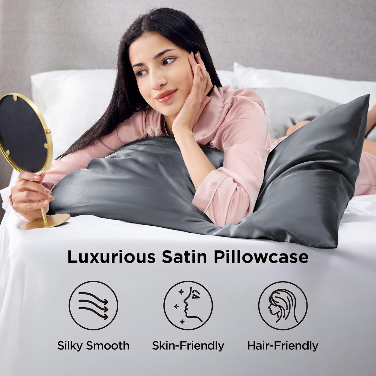 Bedsure Satin Pillowcase for Hair and Skin Queen - Space Grey Silky Pillowcase 2 Pack with Envelope Closure, Similar to Silk Pillow Cases, Gifts for Women Men, 20x30 Inches, 2pcs
